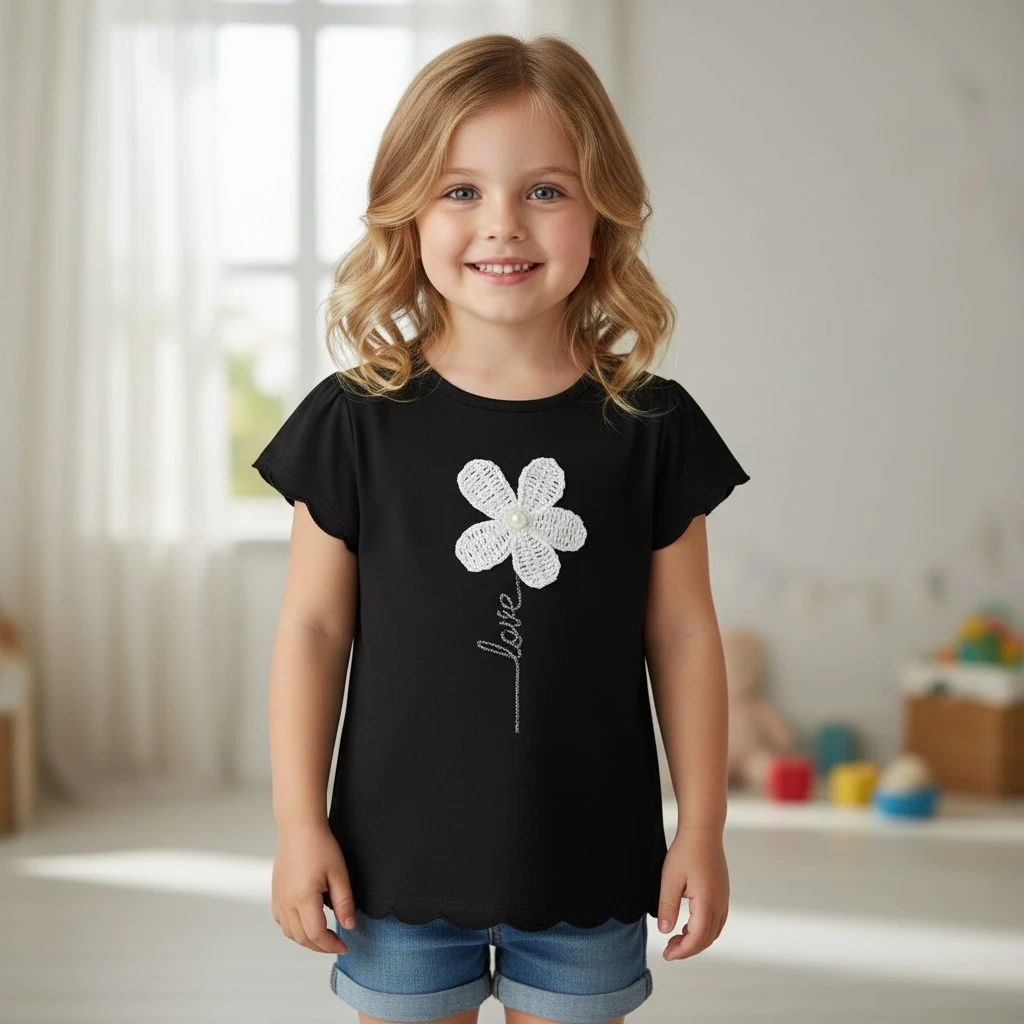 Çiçek Nakışlı Kız Çocuk Tişört