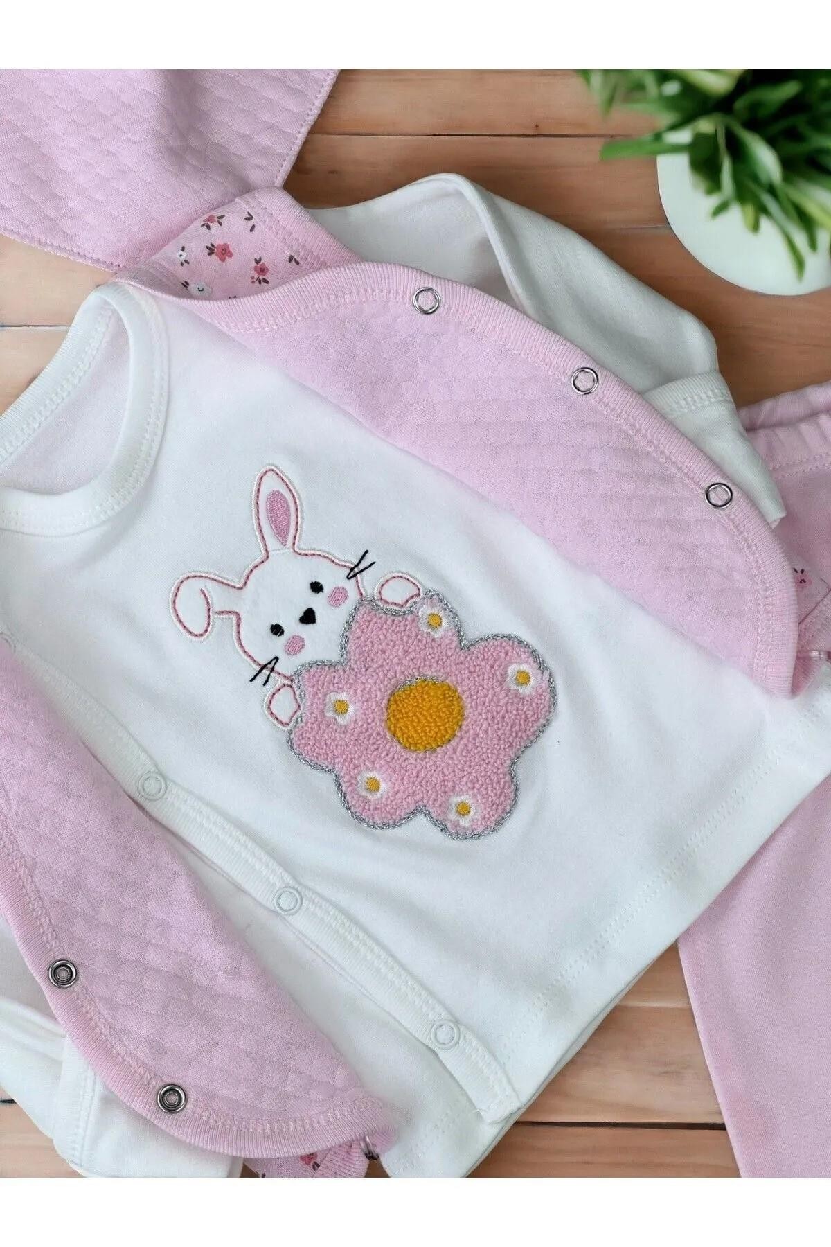 Çiçekli Yelekli Kız Bebek Zıbın Takım 5 Parça