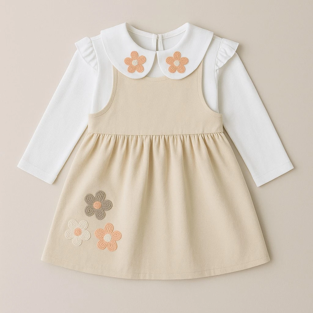 Çiçek Nakışlı Kız Çocuk Elbise