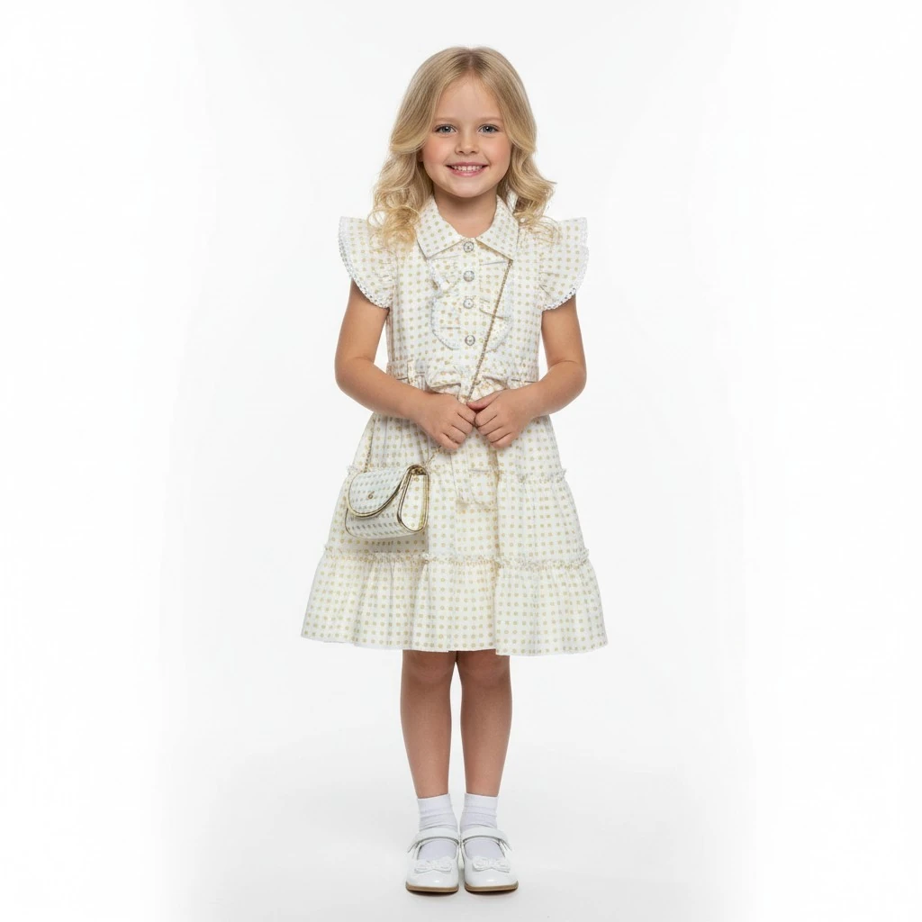 Çantalı Puantiyeli Kız Çocuk Elbise