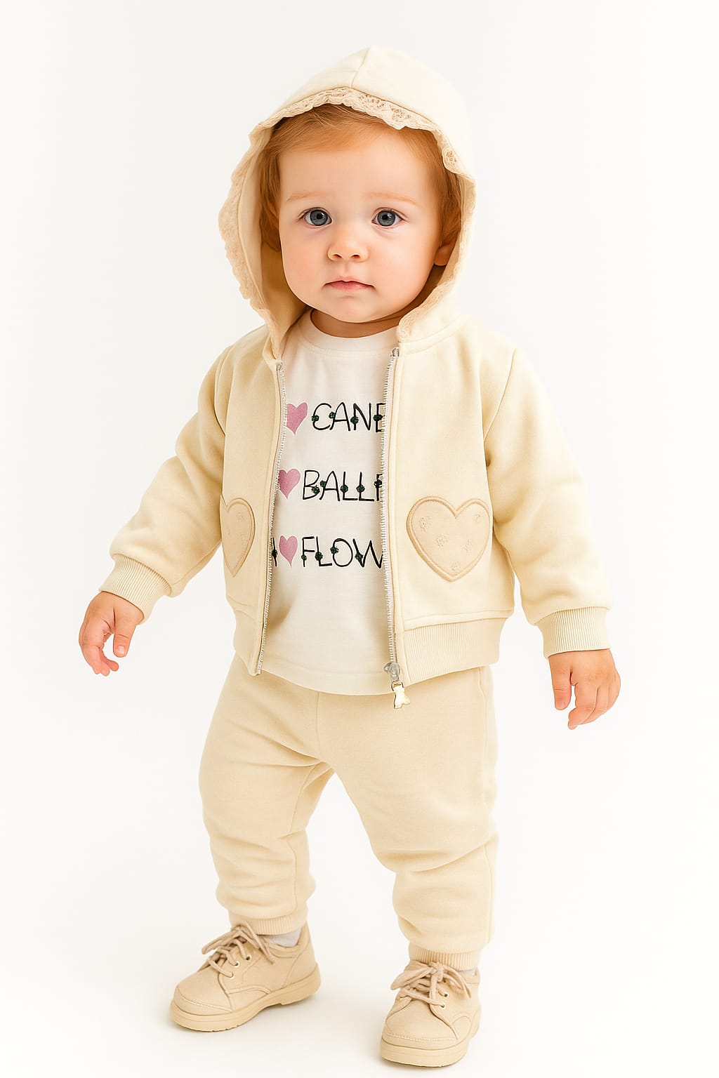 Kalp Nakışlı Hırkalı Kışlık Kız Bebek Eşofman Takım 3lü Set