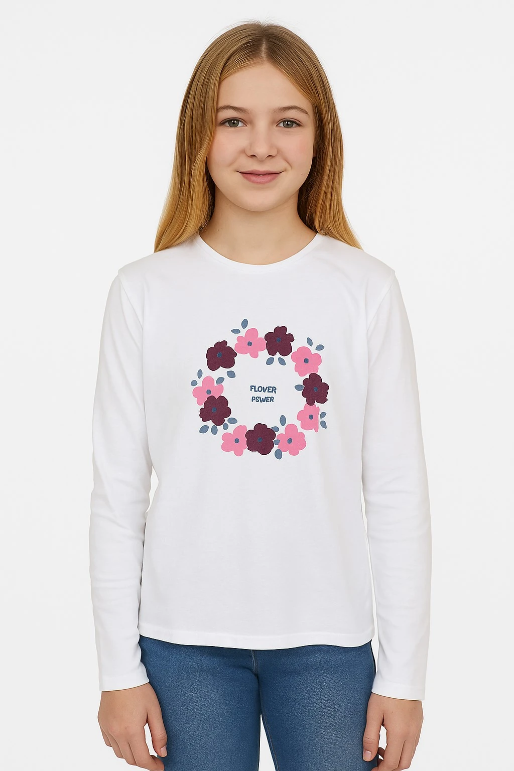Pullu Çiçekli Kız Çocuk Uzun Kollu Tişört (2. Kalite)