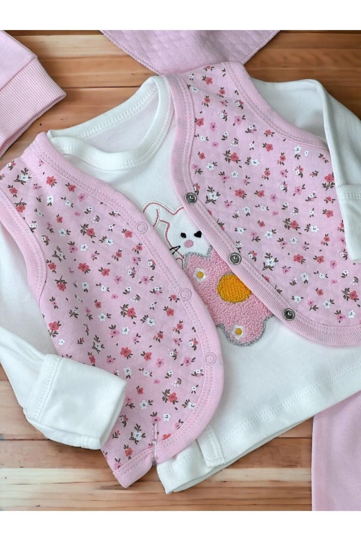 Çiçekli Yelekli Kız Bebek Zıbın Takım 5 Parça