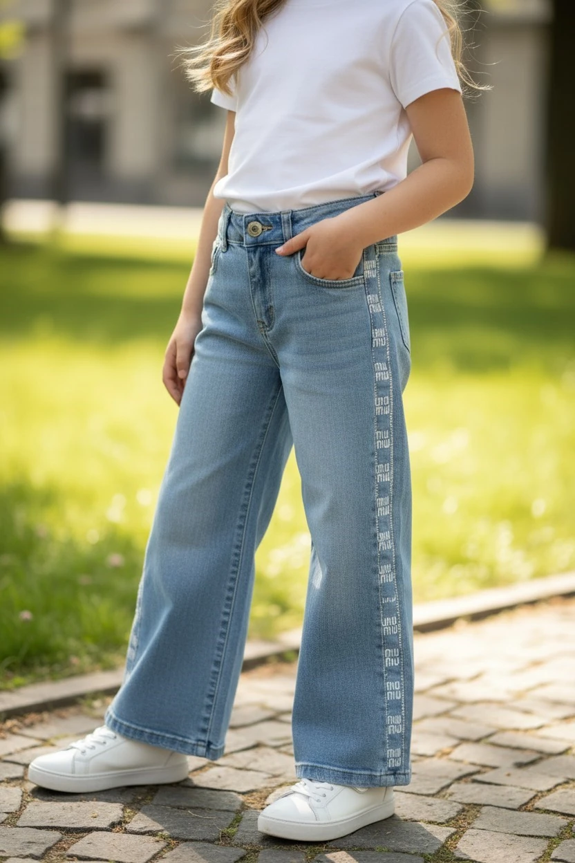 Taşlı İspanyol Paça Kız Çocuk Kot Pantolon