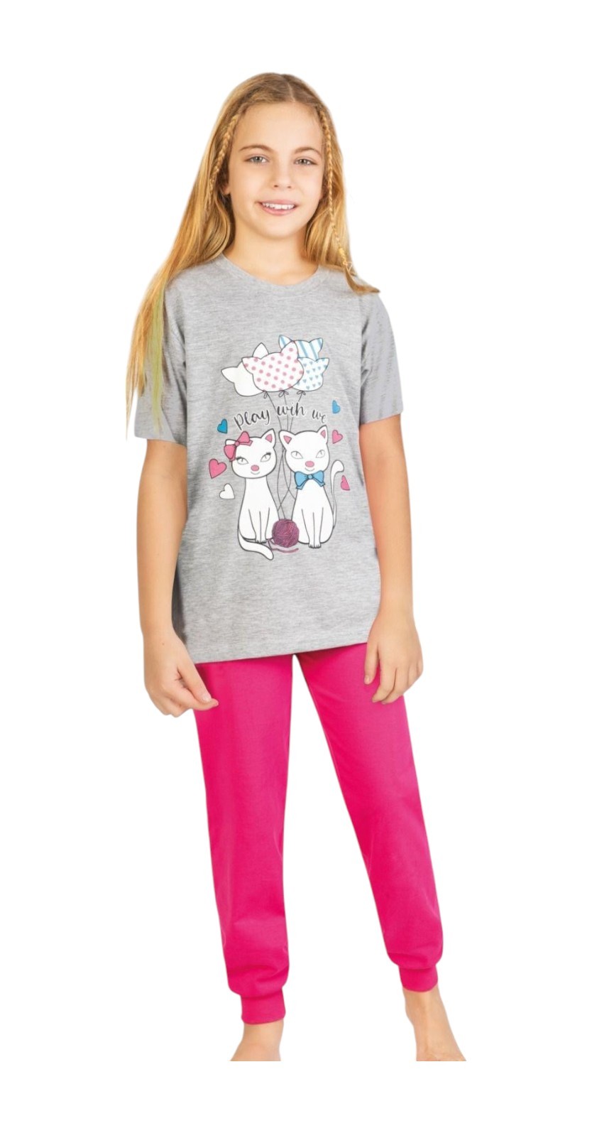 Kedili Kısa Kollu Kız Çocuk Pijama Takım