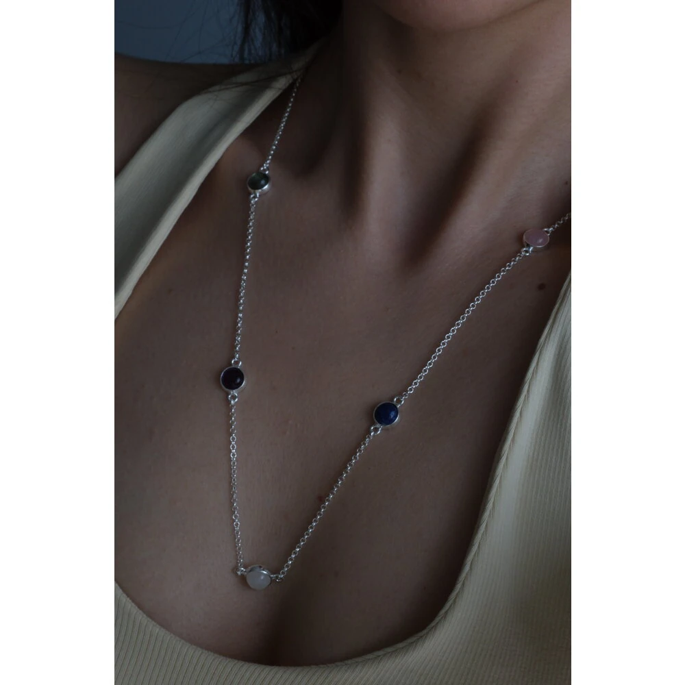 5 taşlı (pembe kuvars, lapis lazuli, aytaşı, ametist, labradorit) kolye | 925