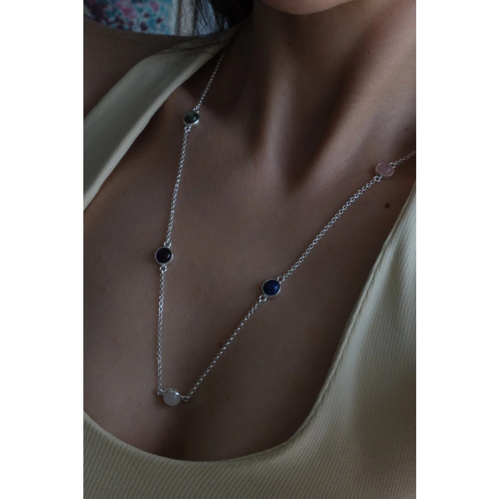 5 taşlı (pembe kuvars, lapis lazuli, aytaşı, ametist, labradorit) kolye | 925