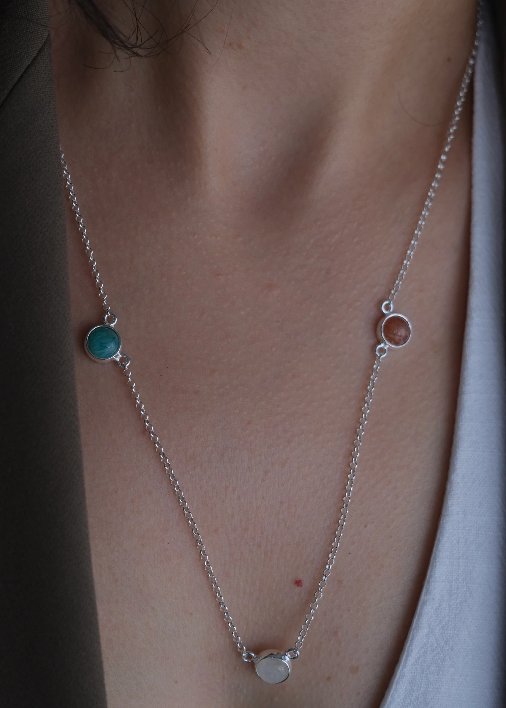 3 taşlı (amazonit, aytaşı, güneş taşı) kolye | 925