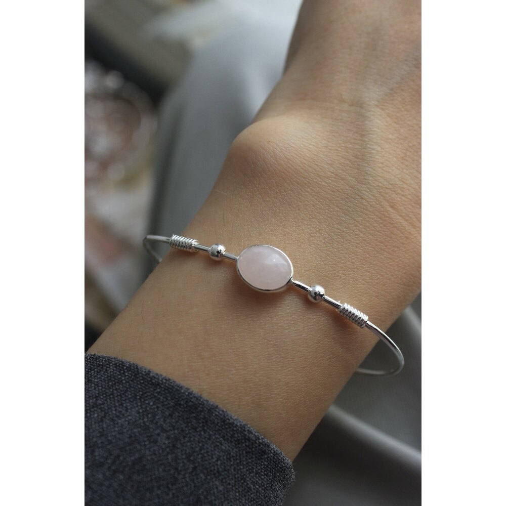 PEMBE KUVARS KELEPÇE BİLEKLİK SİLVER