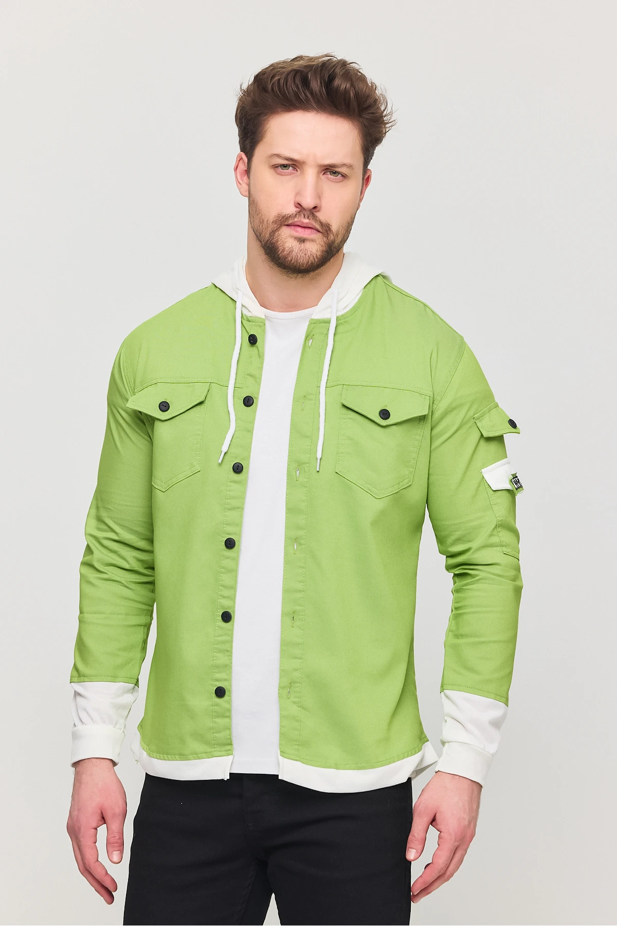 Erkek Slim Fit Dar Kalıp Kapüşonlu Detaylı Kot Gömlek