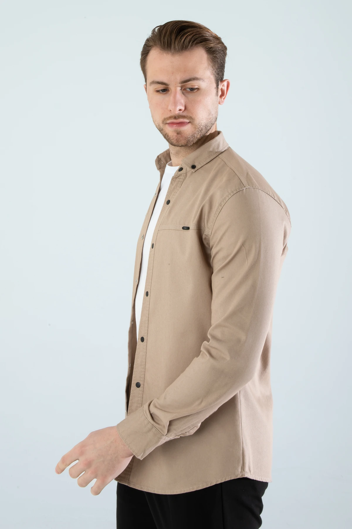 Erkek Bej Slim Fit Dar Kalıp Cepsiz Kot Gömlek