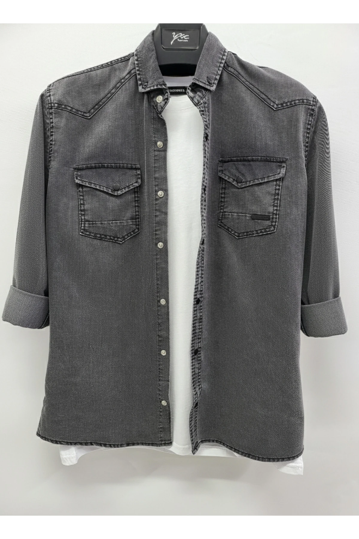 Erkek Gömlek Slim Fit Füme Yıkamalı Erkek Kot Gömlek