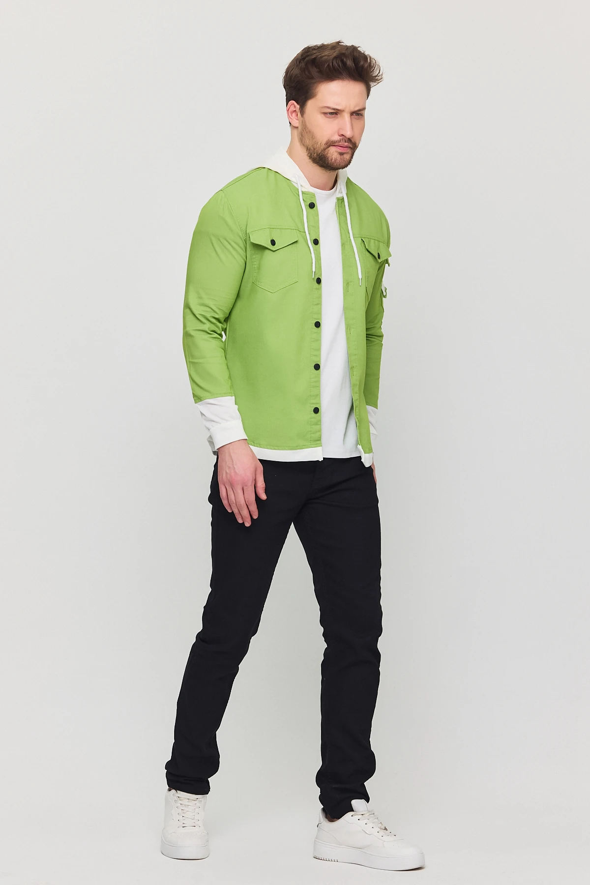 Erkek Slim Fit Dar Kalıp Kapüşonlu Detaylı Kot Gömlek