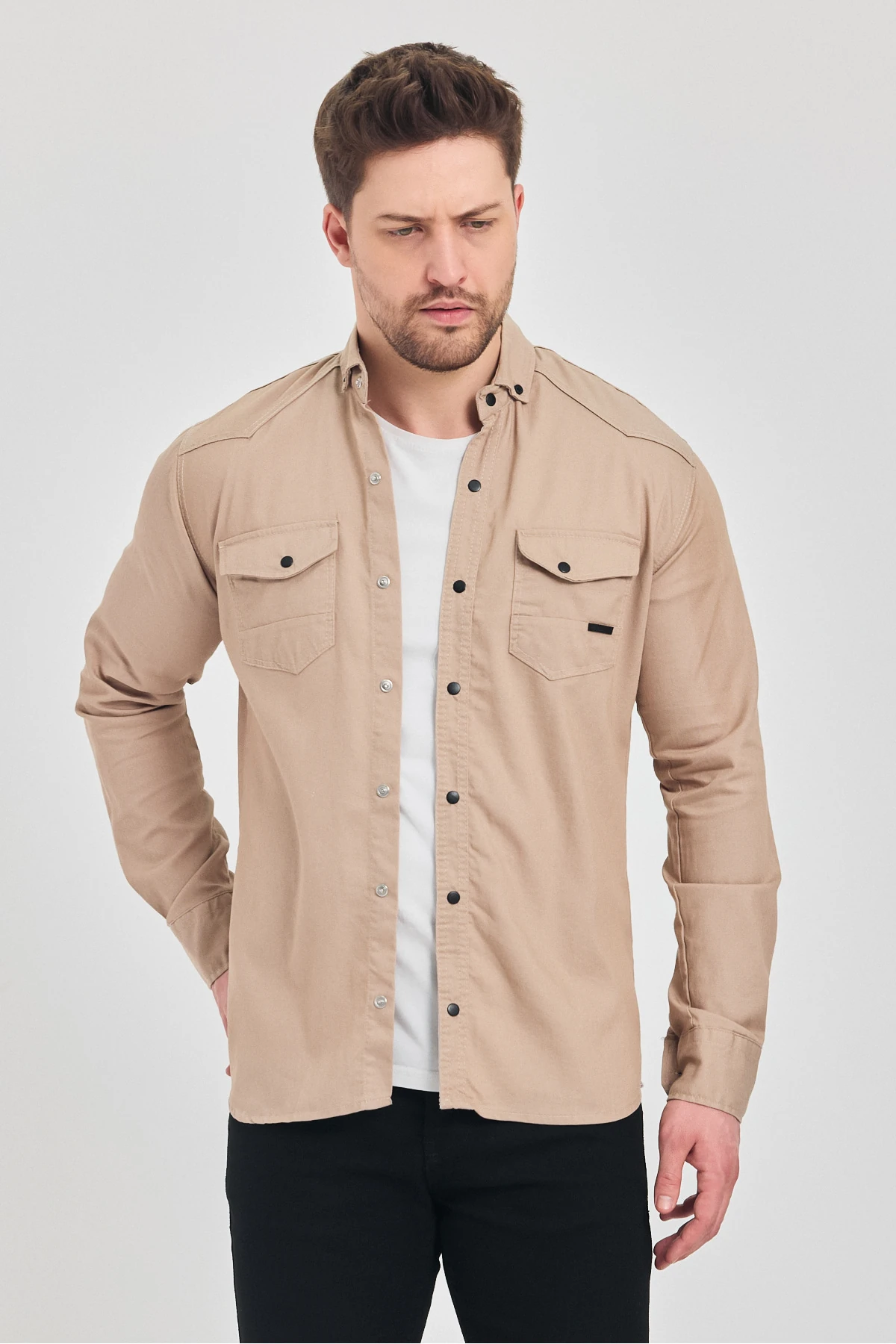 Slim Fit Erkek Kot Gömlek Krem