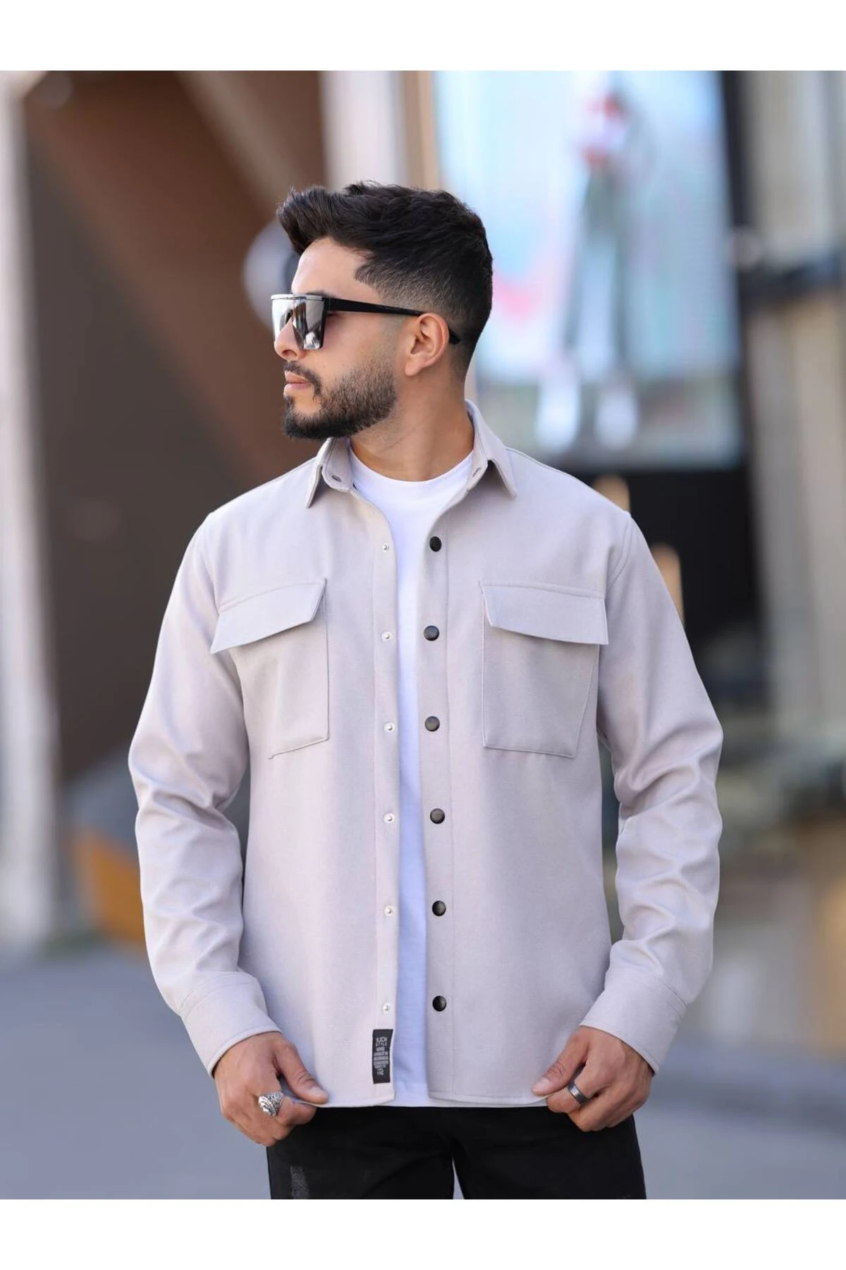 Erkek Gri Kaplamalı Yün Effectli Örme Gömlek