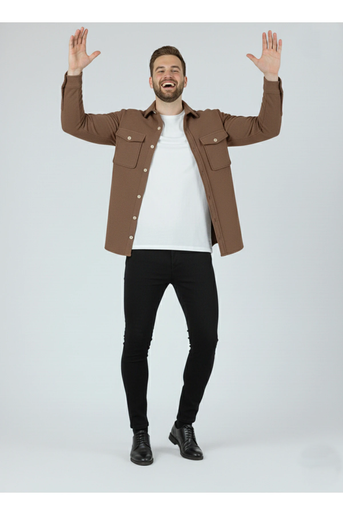 Erkek Slim Fit Düğmeli Yaka Çift Cepli Düz Siyah Polar Erkek Gömlek