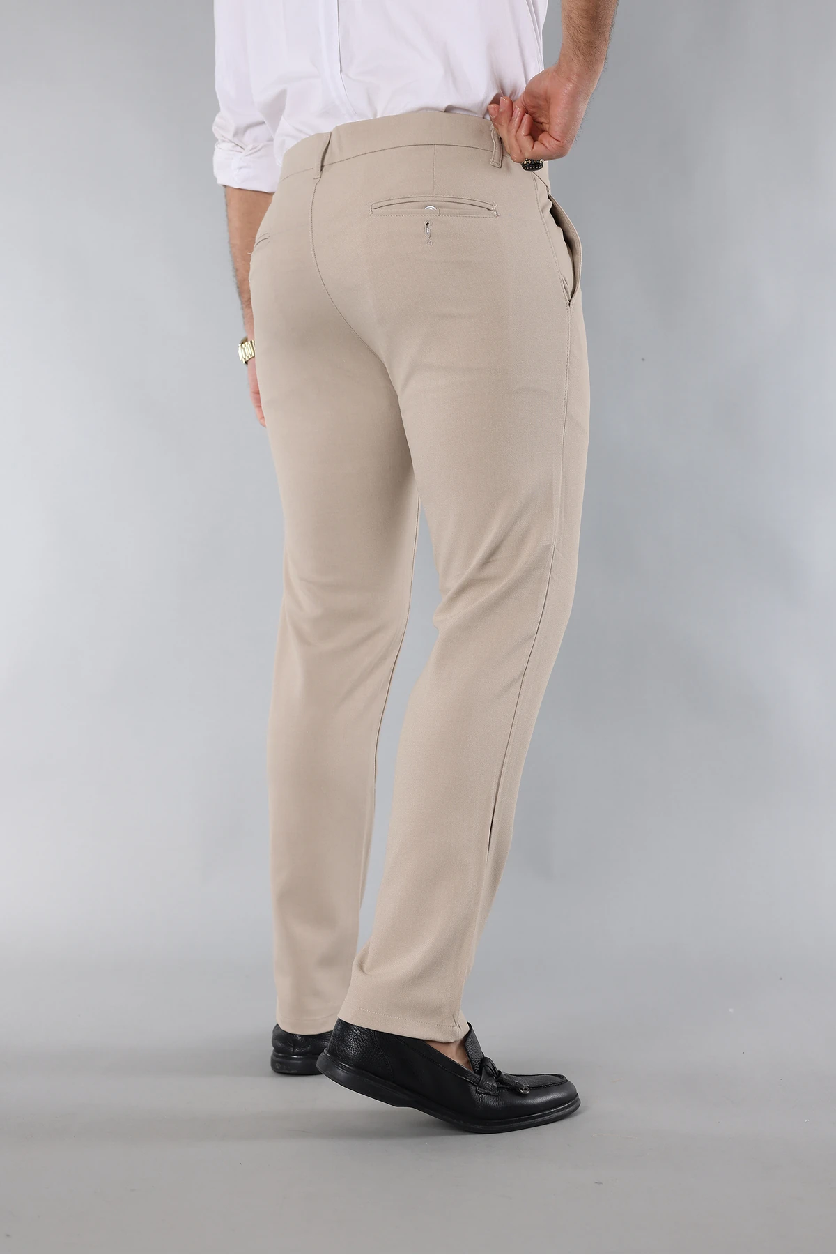 Erkek Dar Kesim Kaliteli Esnek Likralı Bilek Boy Kumaş Pantolon Krem