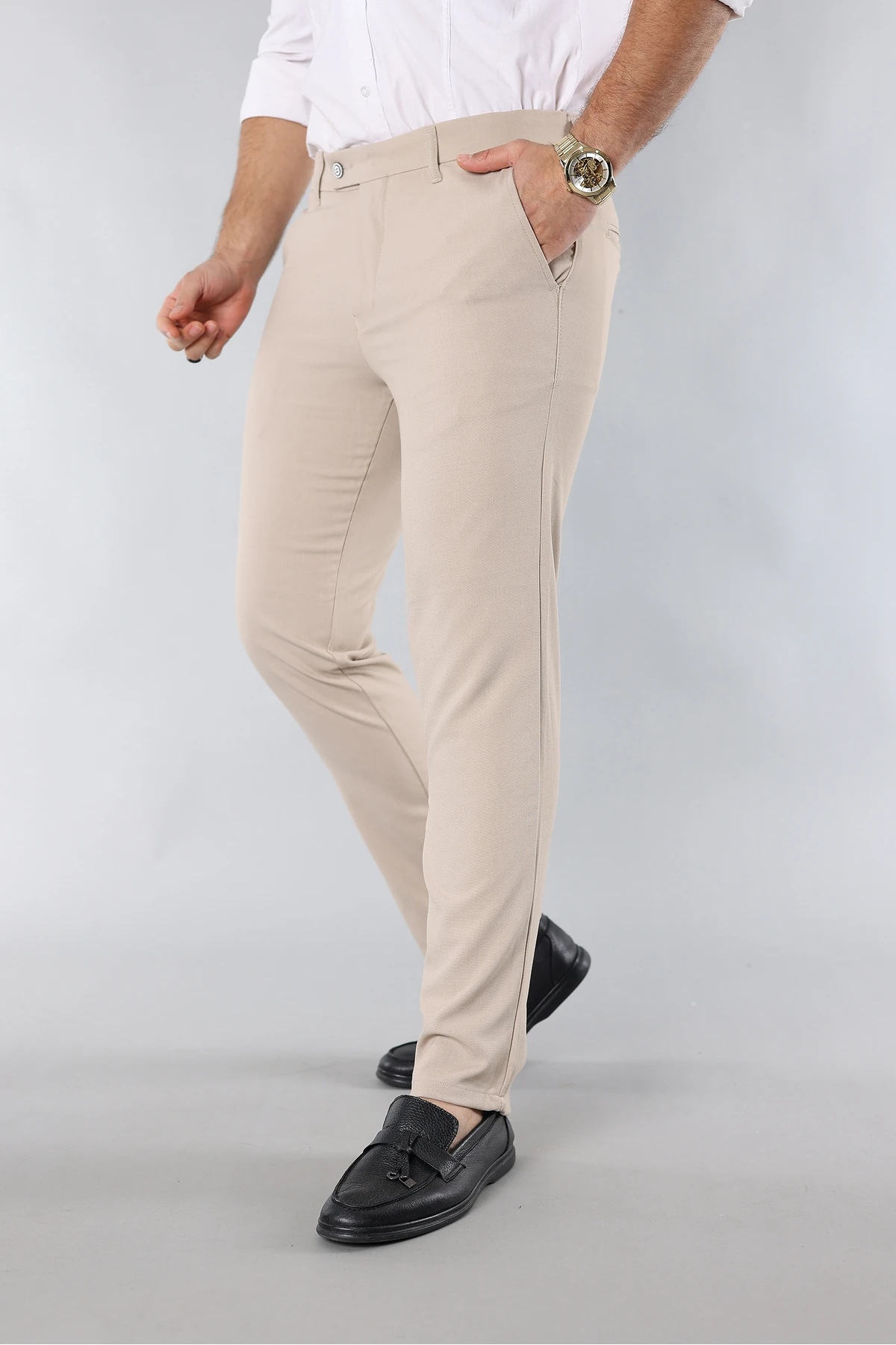 Erkek Dar Kesim Kaliteli Esnek Likralı Bilek Boy Kumaş Pantolon Krem