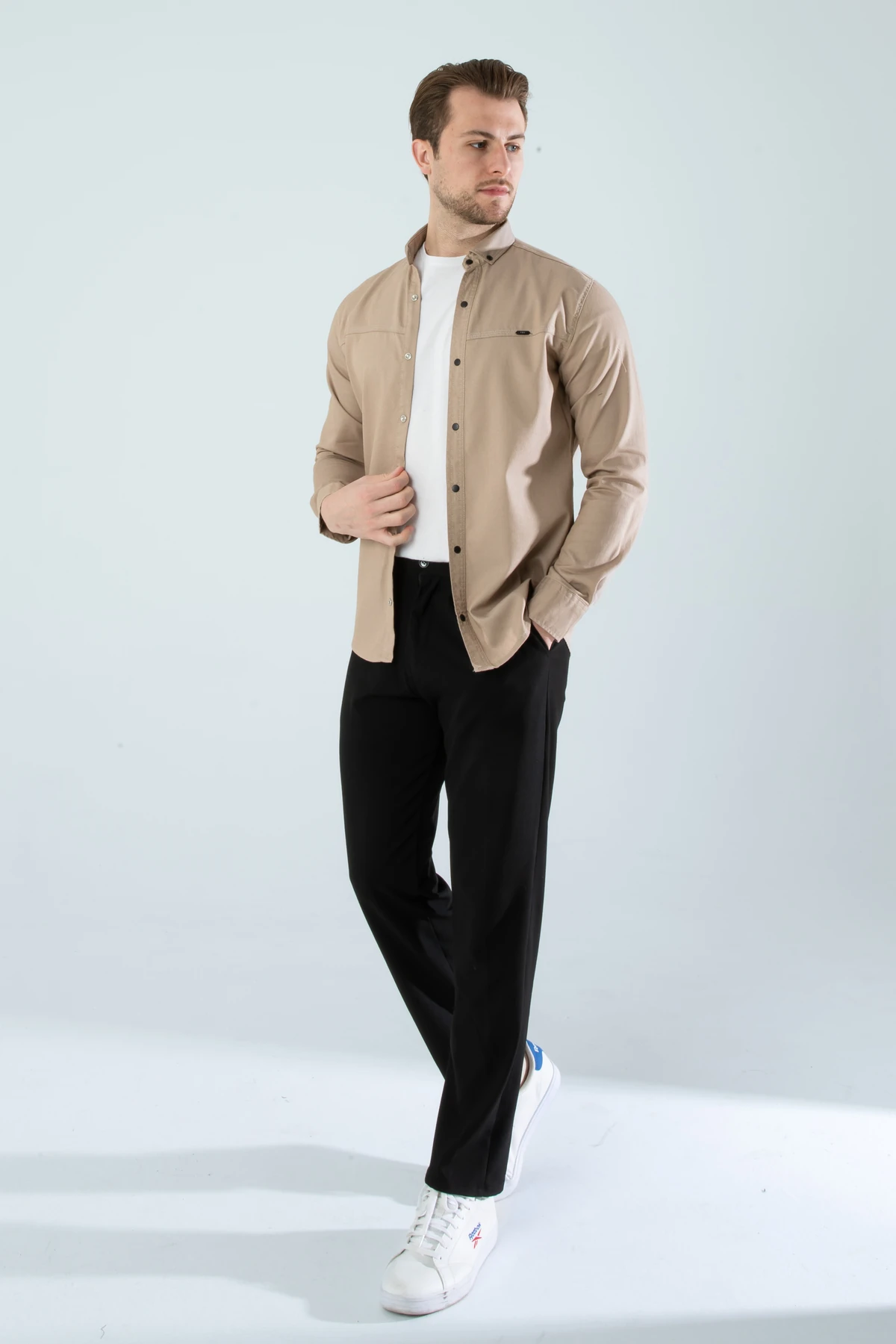Erkek Bej Slim Fit Dar Kalıp Cepsiz Kot Gömlek