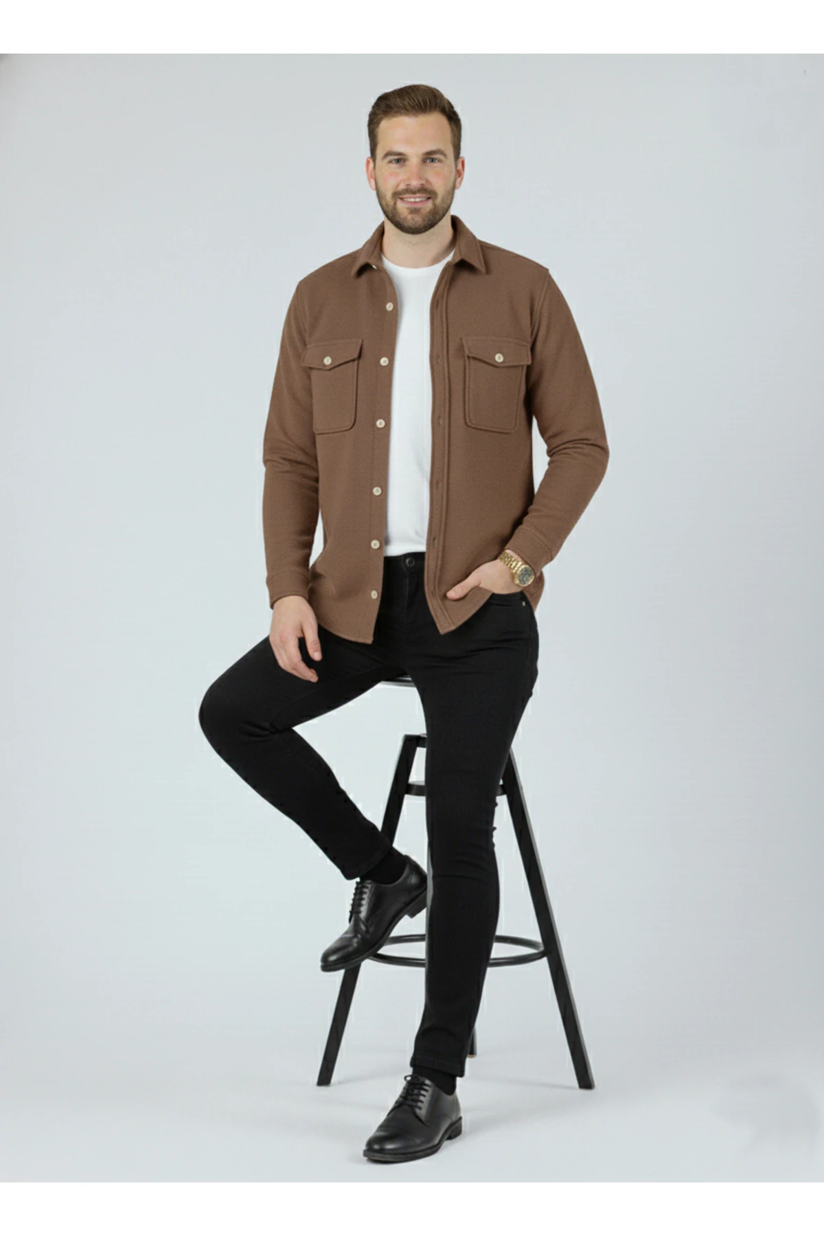 Erkek Slim Fit Düğmeli Yaka Çift Cepli Düz Siyah Polar Erkek Gömlek