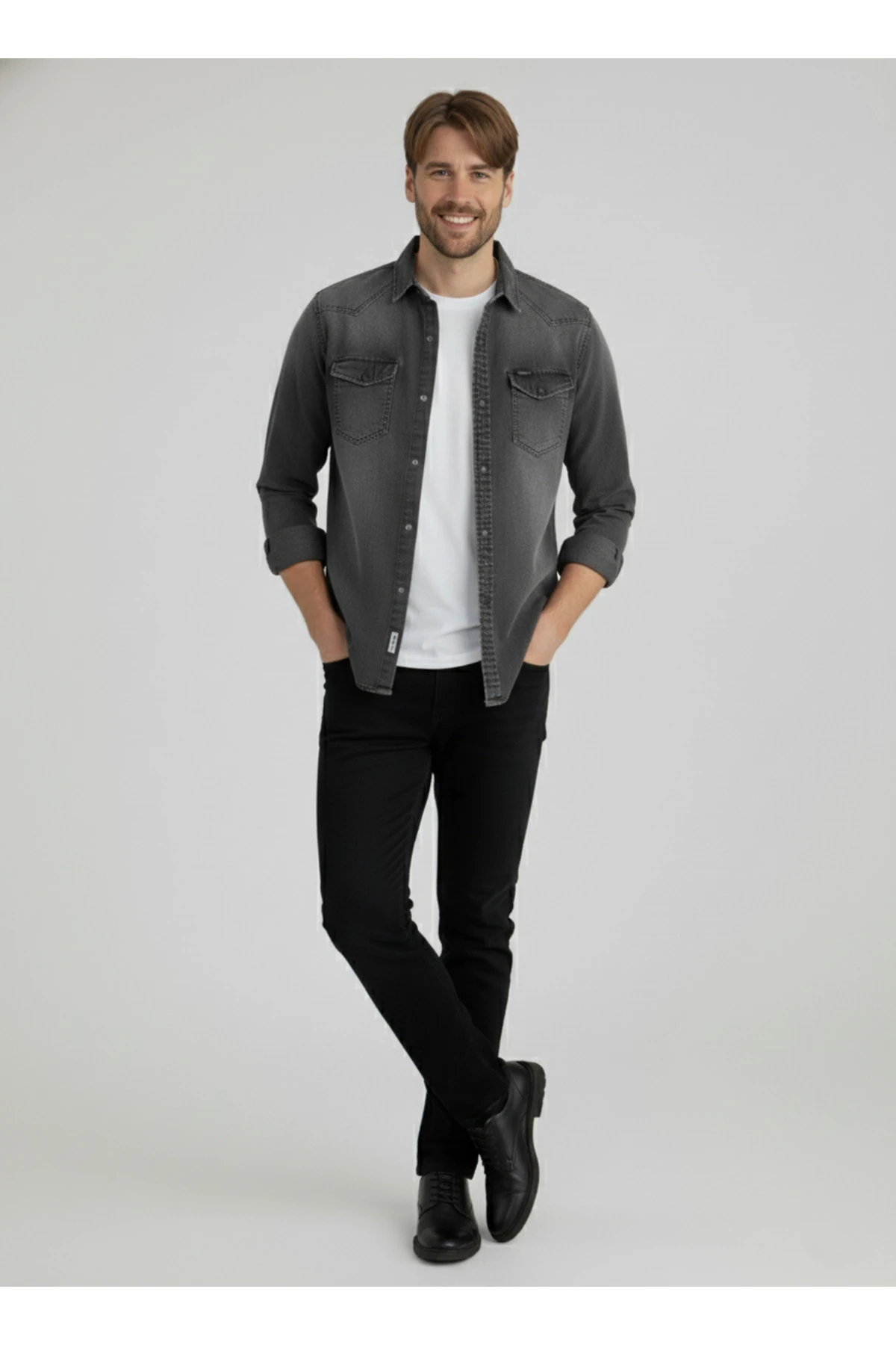 Erkek Gömlek Slim Fit Füme Yıkamalı Erkek Kot Gömlek