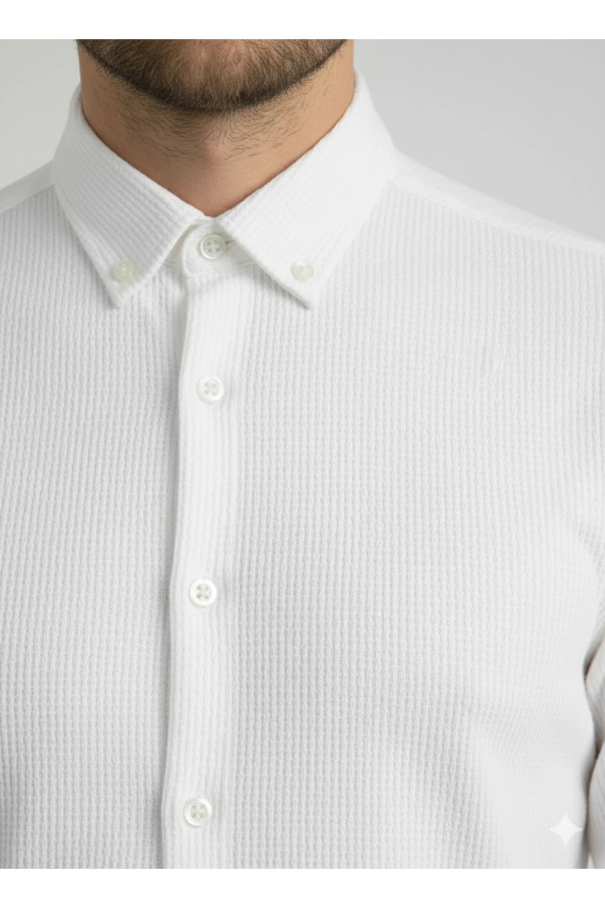 Erkek Gömlek Kırışık Kumaş Dokulu Uzun Kol Dar Kesim Beyaz Erkek Gömlek