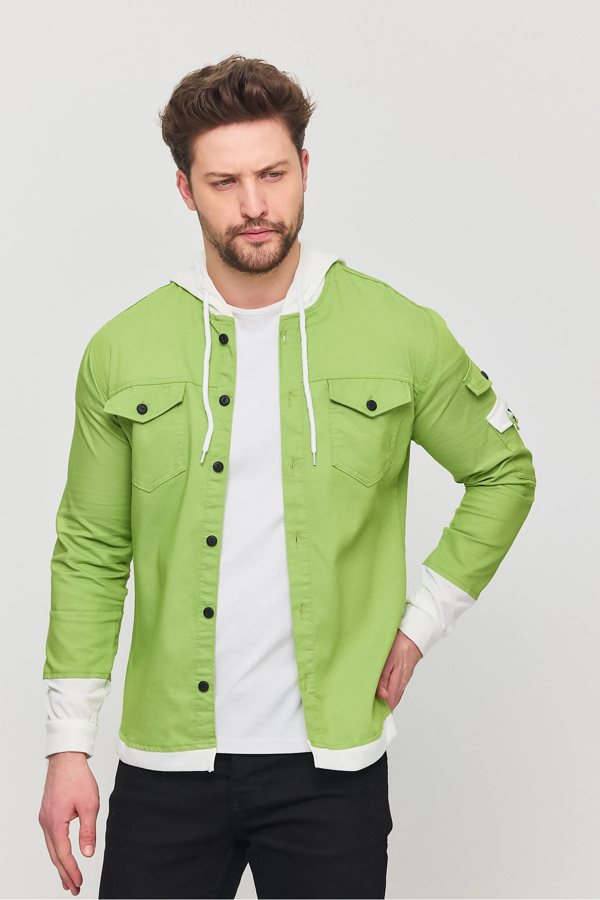 Erkek Slim Fit Dar Kalıp Kapüşonlu Detaylı Kot Gömlek