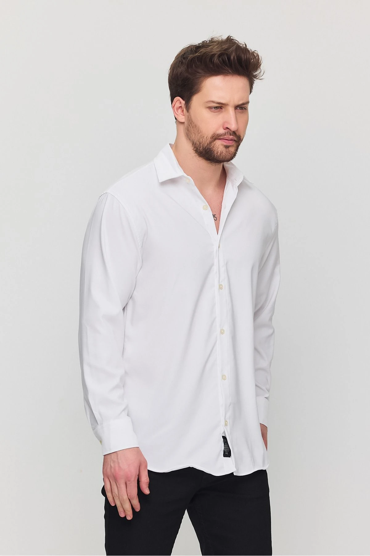 Erkek Yazlık Gömlek Dokulu Bol Kalıp Oversize Salaş Beyaz Erkek Gömlek