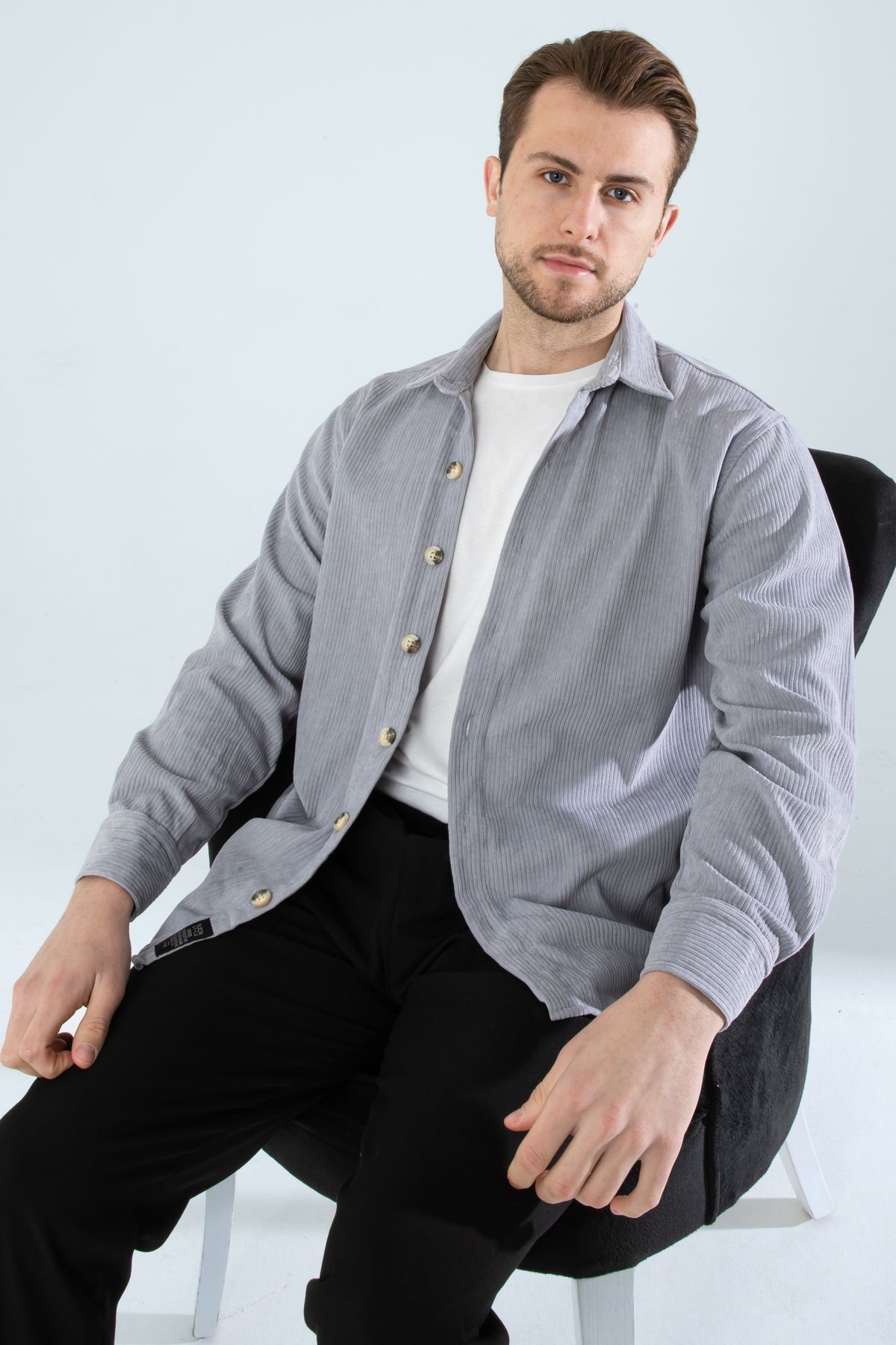 Erkek Gömlek Pamuk Fitilli Yumuşak Rahat Uzun Kol Erkek Gömlek