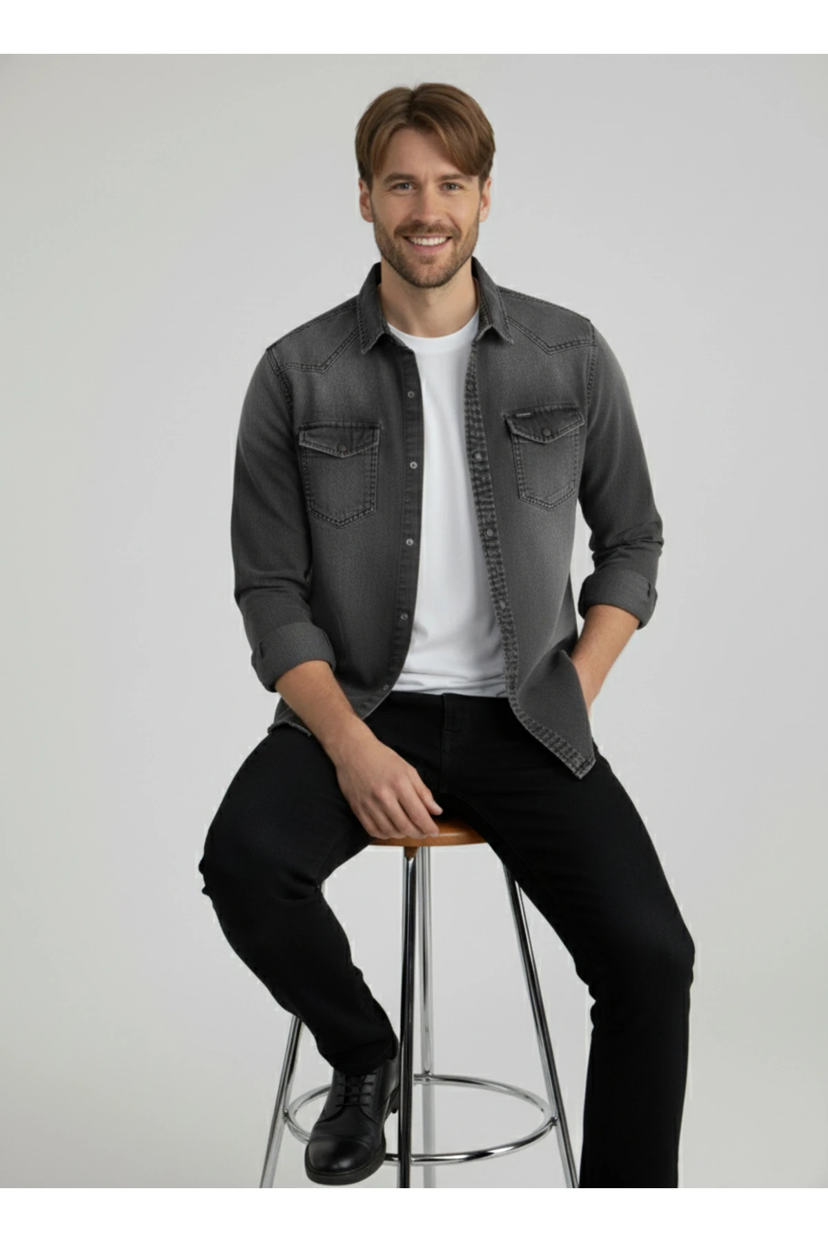Erkek Gömlek Slim Fit Füme Yıkamalı Erkek Kot Gömlek