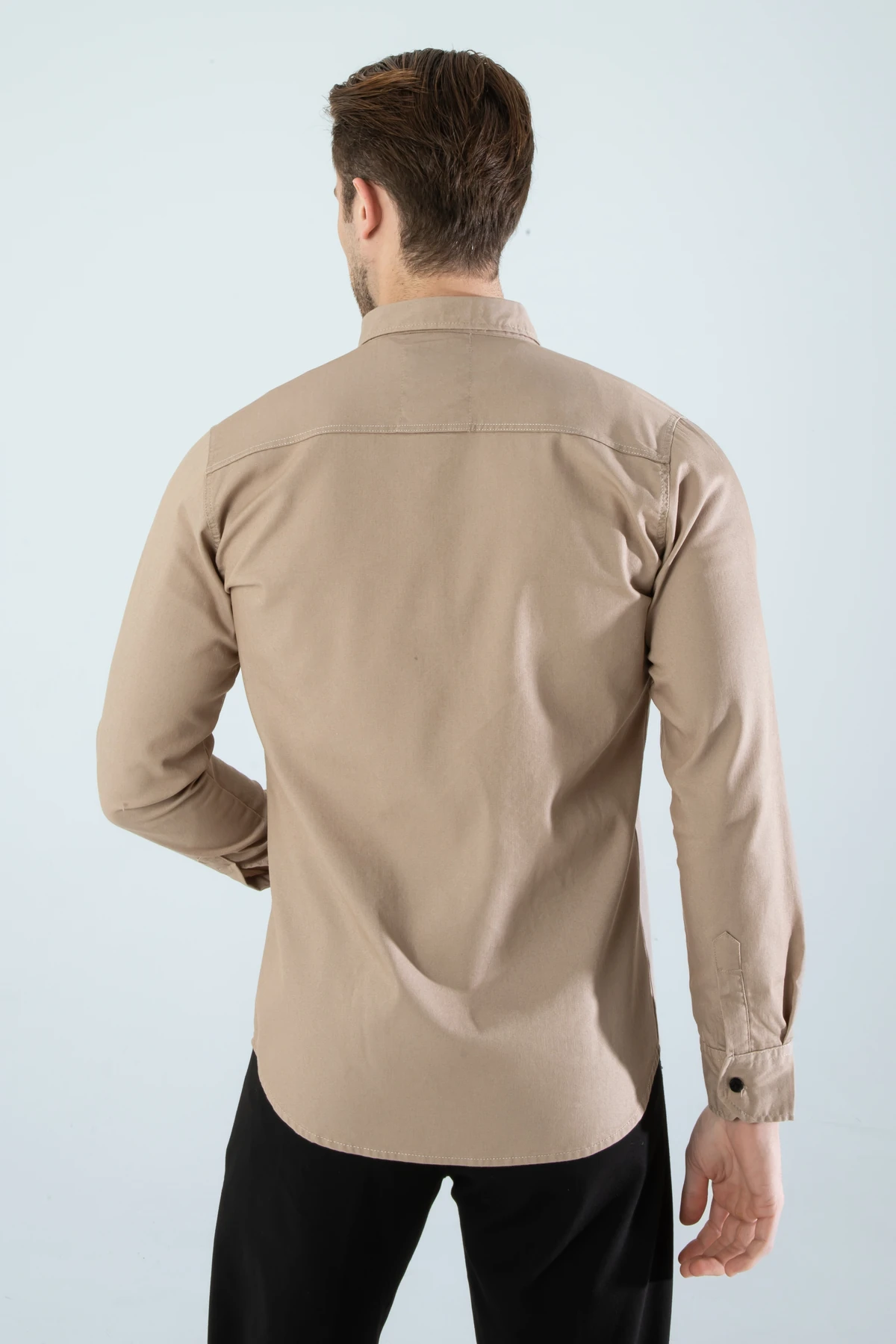 Erkek Bej Slim Fit Dar Kalıp Cepsiz Kot Gömlek
