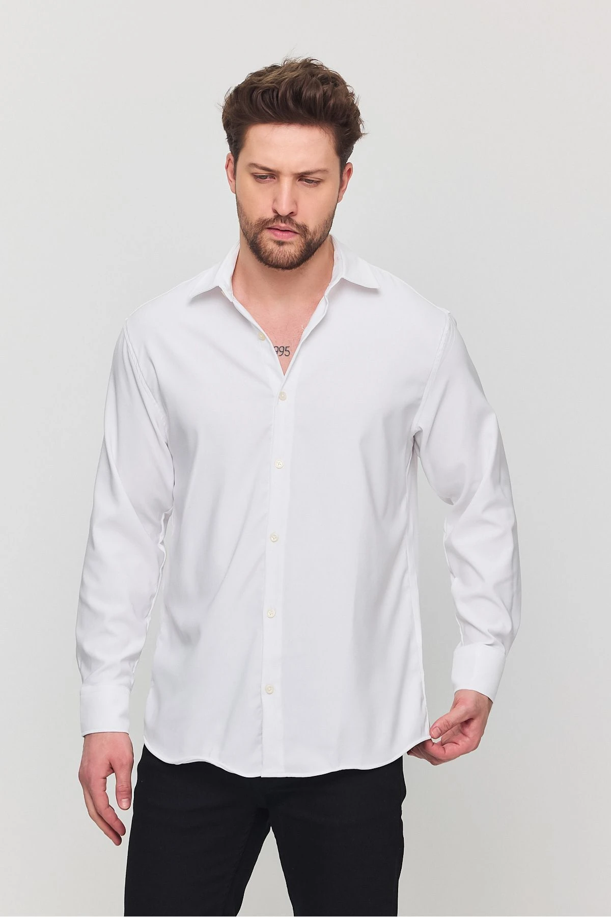 Erkek Yazlık Gömlek Dokulu Bol Kalıp Oversize Salaş Beyaz Erkek Gömlek