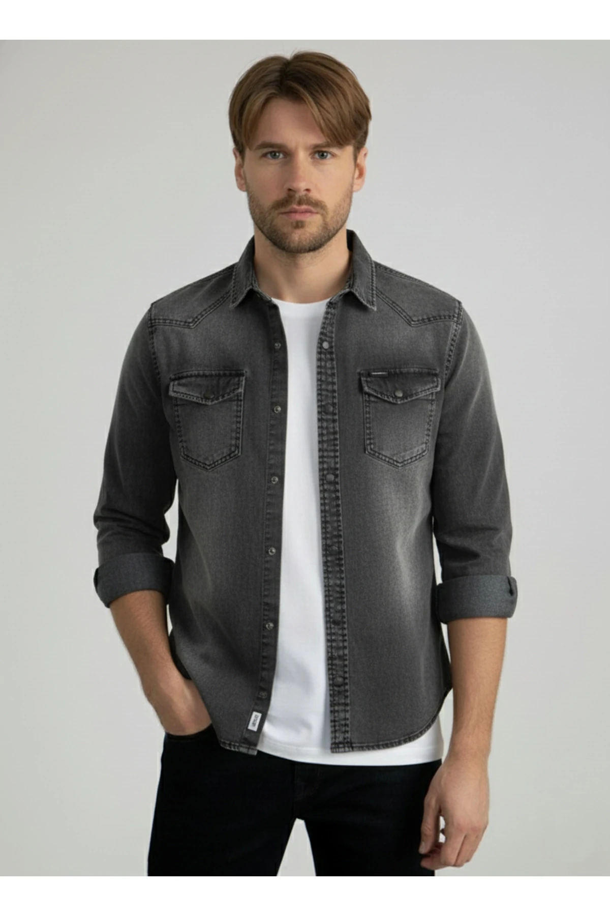 Erkek Gömlek Slim Fit Füme Yıkamalı Erkek Kot Gömlek
