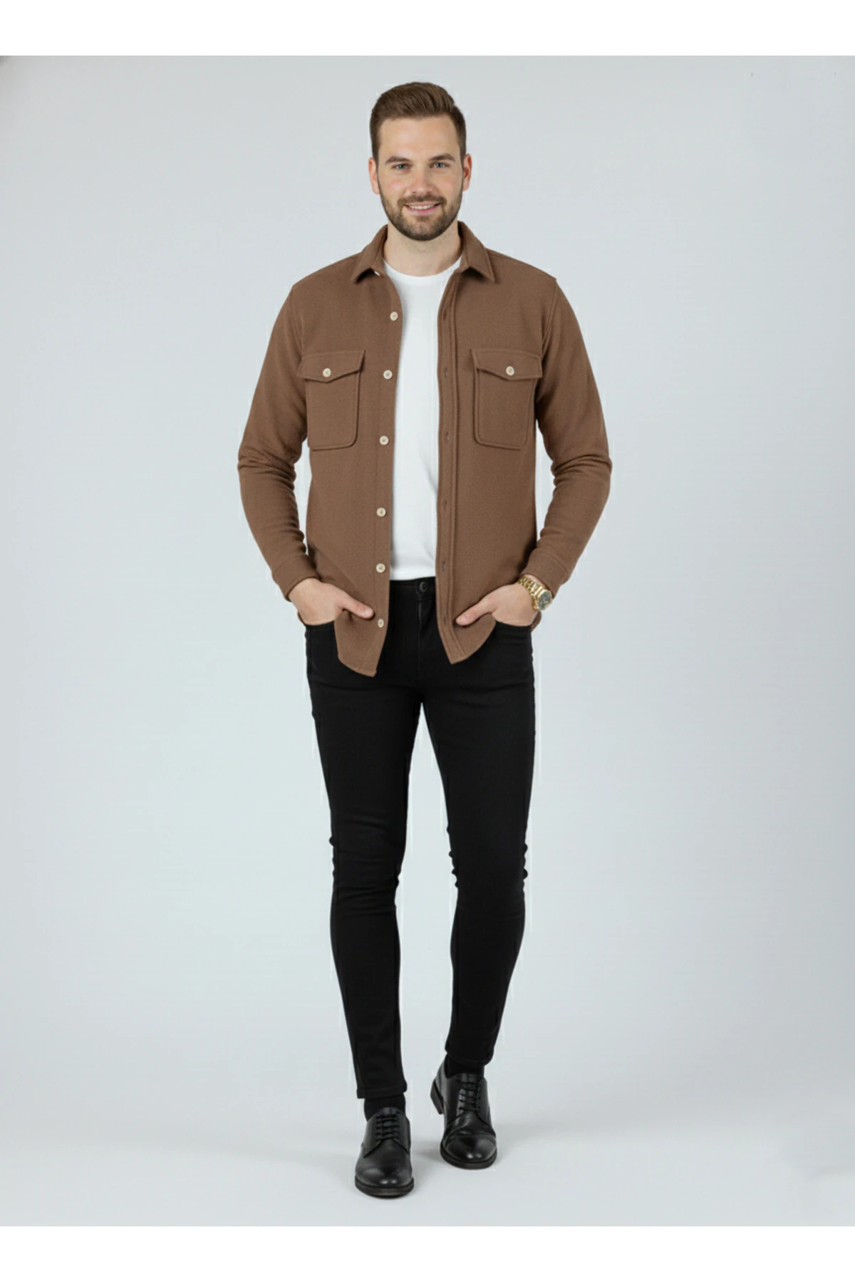 Erkek Slim Fit Düğmeli Yaka Çift Cepli Düz Siyah Polar Erkek Gömlek