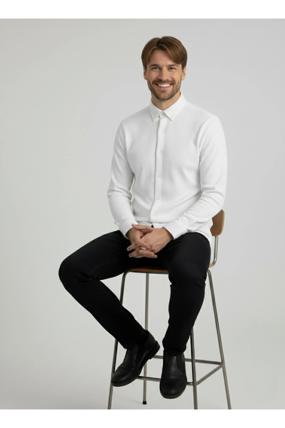 Erkek Gömlek Kırışık Kumaş Dokulu Uzun Kol Dar Kesim Beyaz Erkek Gömlek