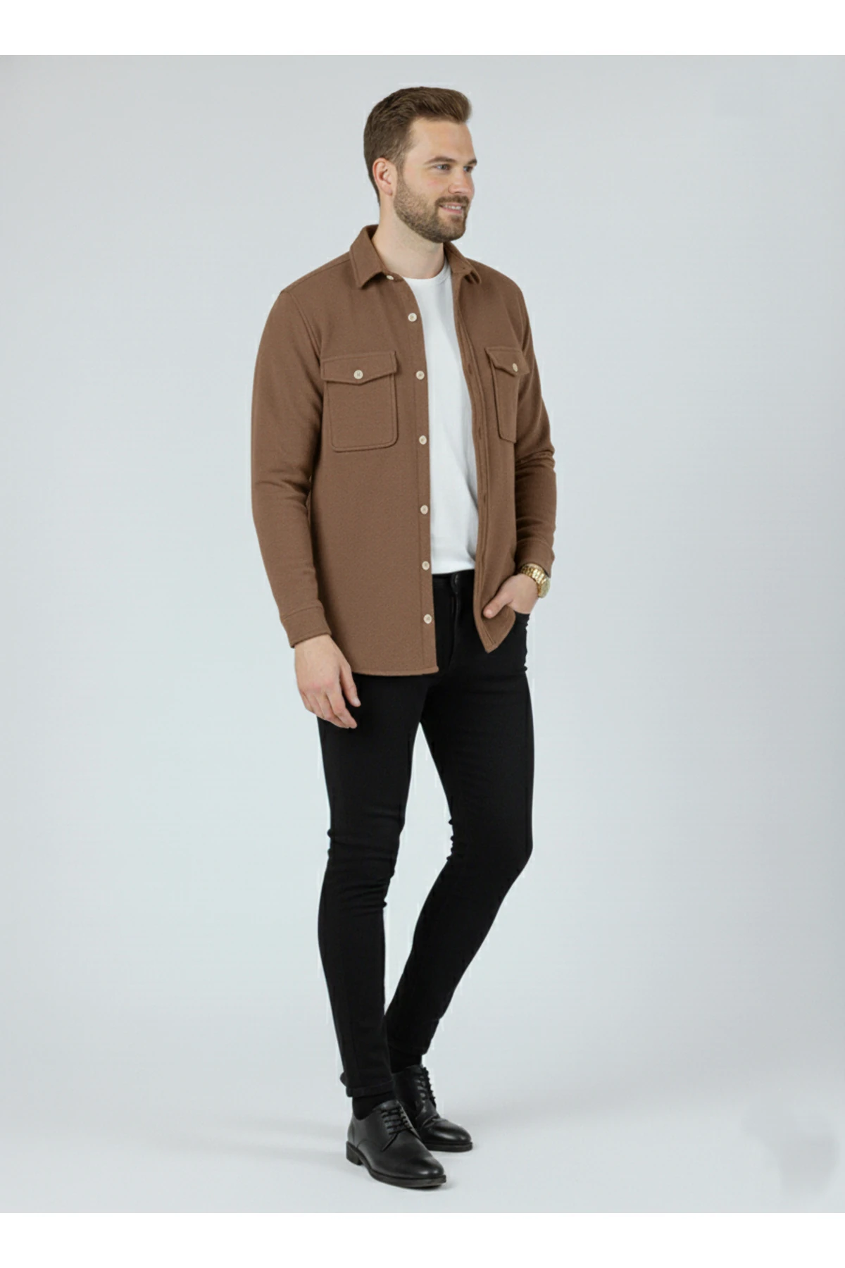 Erkek Slim Fit Düğmeli Yaka Çift Cepli Düz Siyah Polar Erkek Gömlek