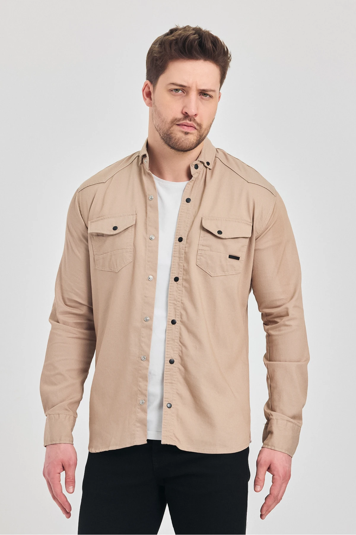 Erkek Gömlek Slim Fit Erkek Bej Kot Gömlek