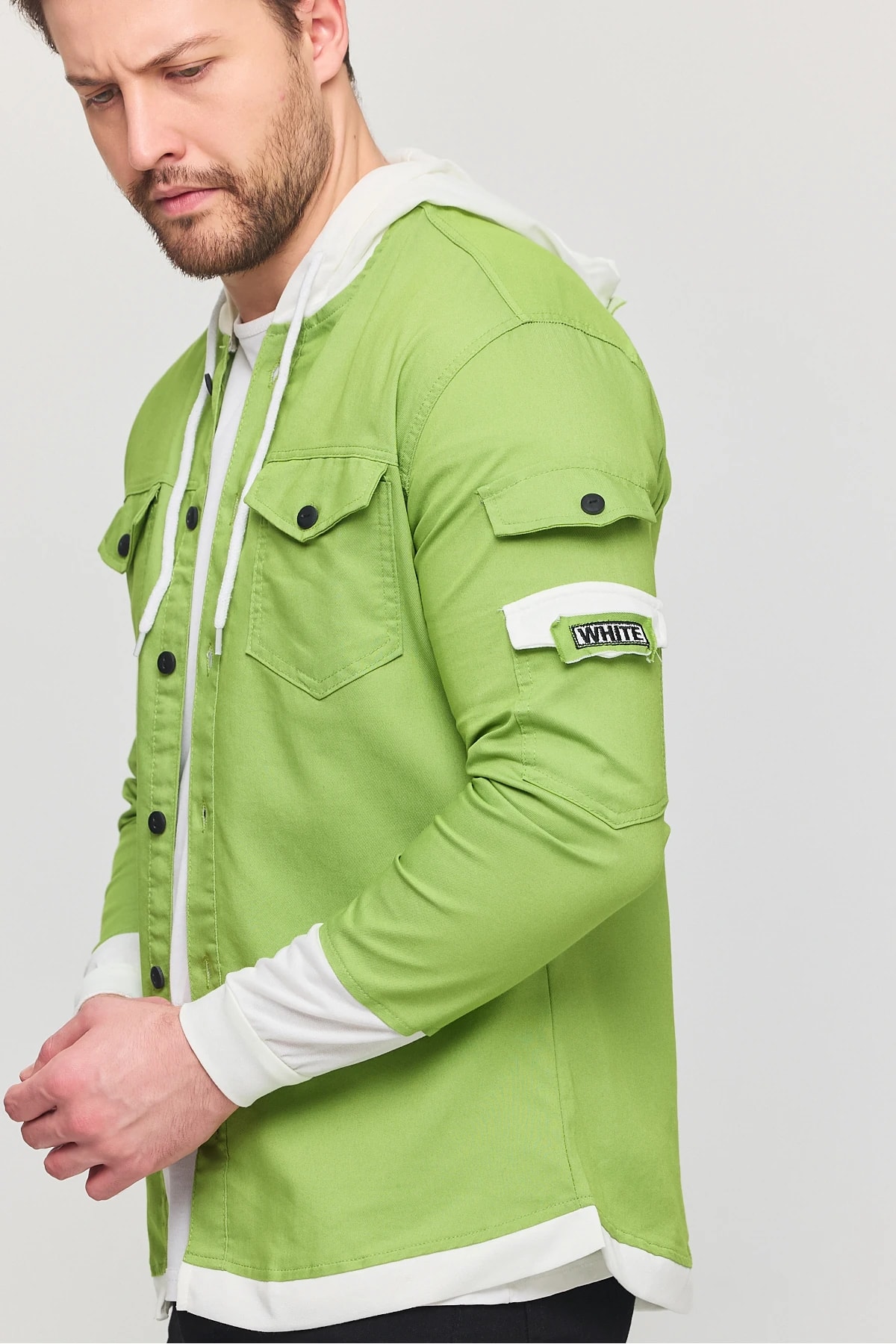 Erkek Slim Fit Dar Kalıp Kapüşonlu Detaylı Kot Gömlek