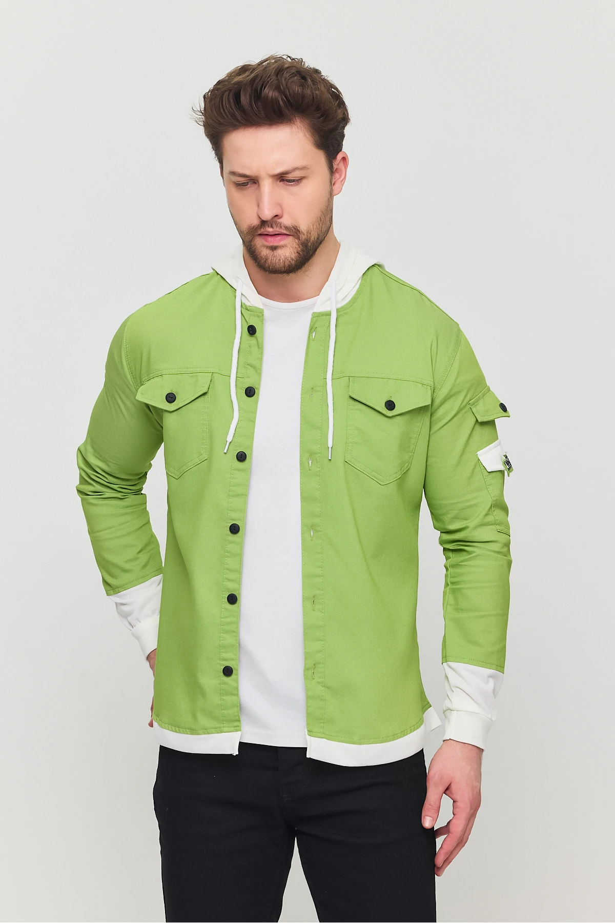 Erkek Slim Fit Dar Kalıp Kapüşonlu Detaylı Kot Gömlek