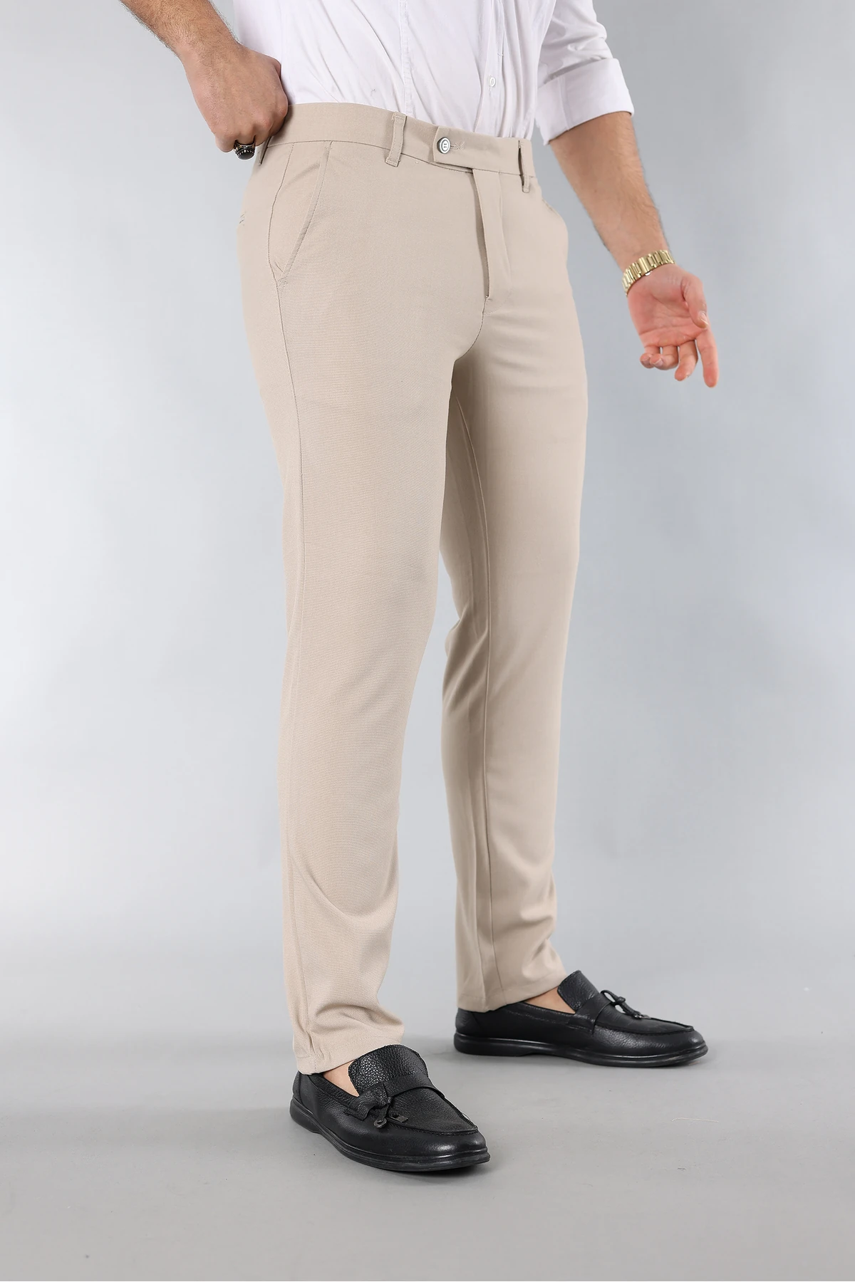 Erkek Dar Kesim Kaliteli Esnek Likralı Bilek Boy Kumaş Pantolon Krem