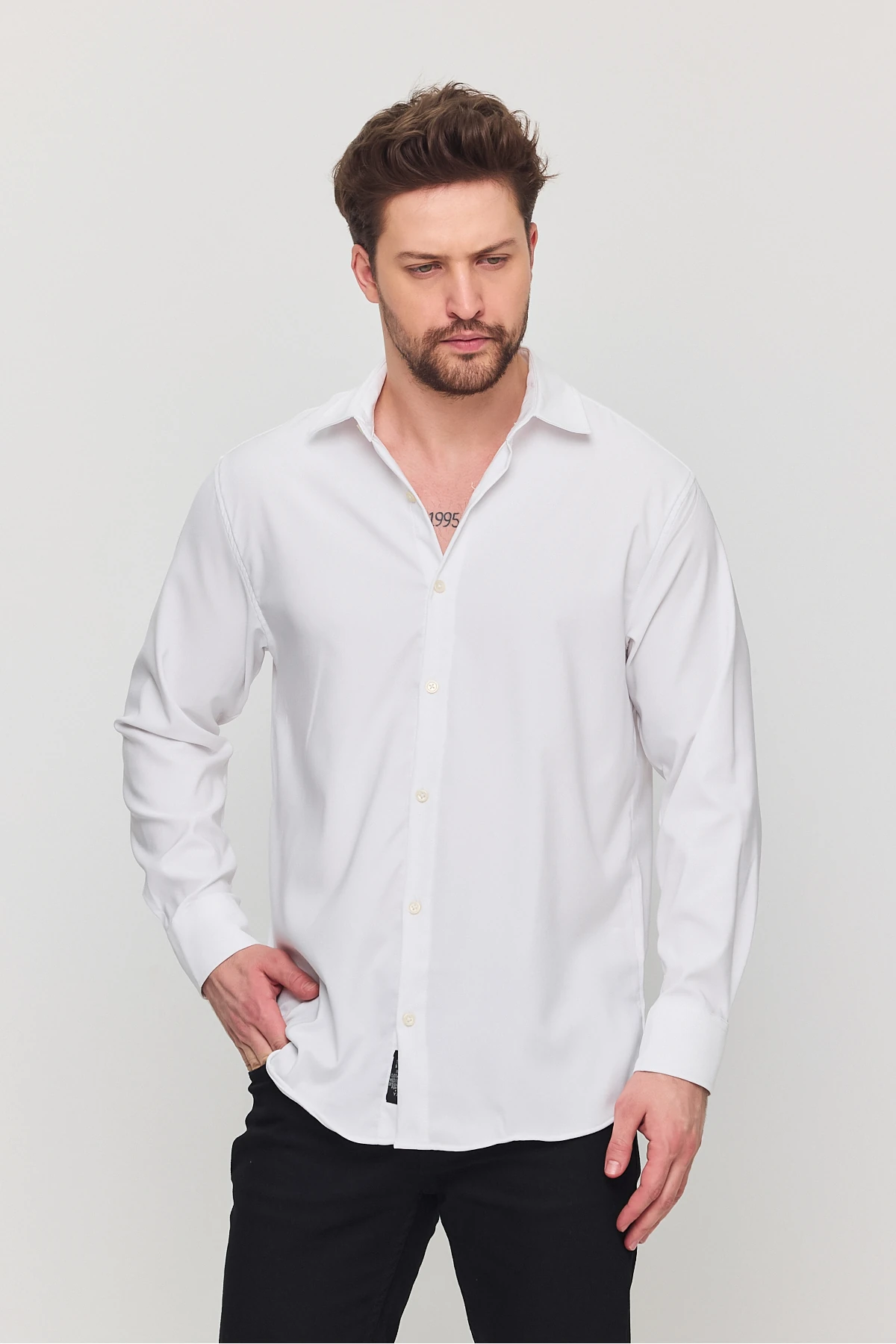 Erkek Yazlık Gömlek Dokulu Bol Kalıp Oversize Salaş Beyaz Erkek Gömlek