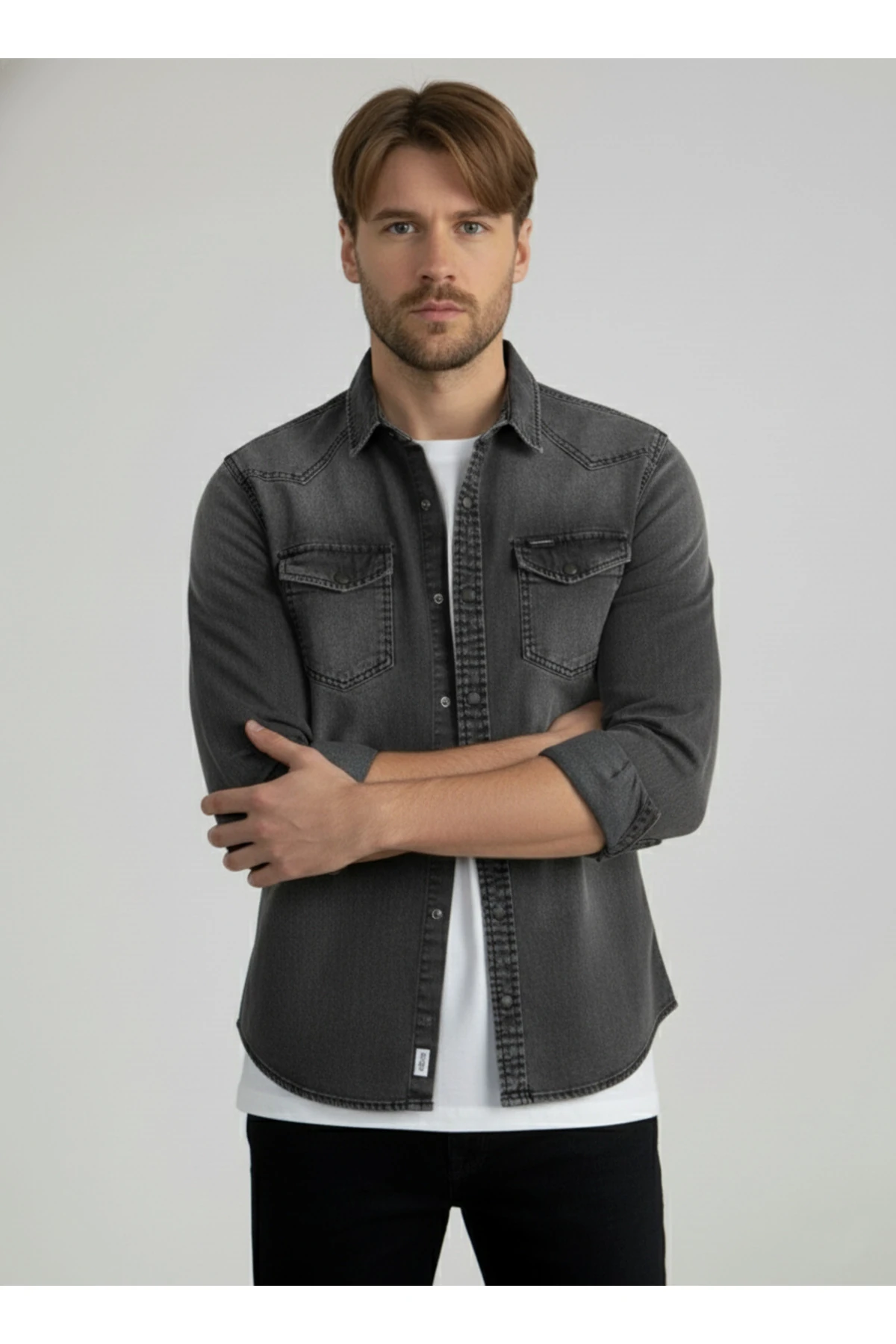 Erkek Gömlek Slim Fit Füme Yıkamalı Erkek Kot Gömlek