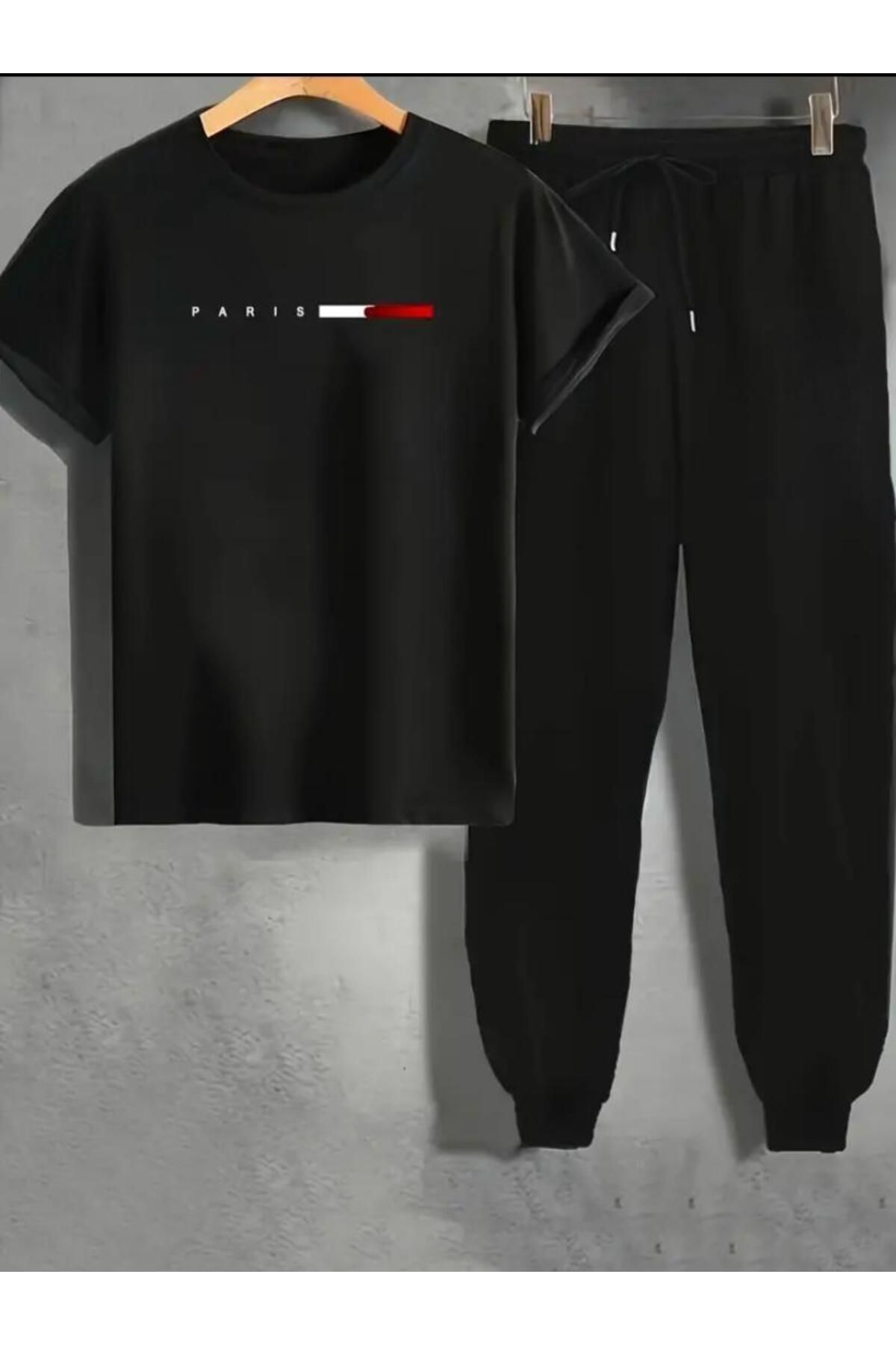 Paris Baskılı  T-shirt Eşofman Altı Jogger Rahat Kalıp Siyah Eşofman Takım