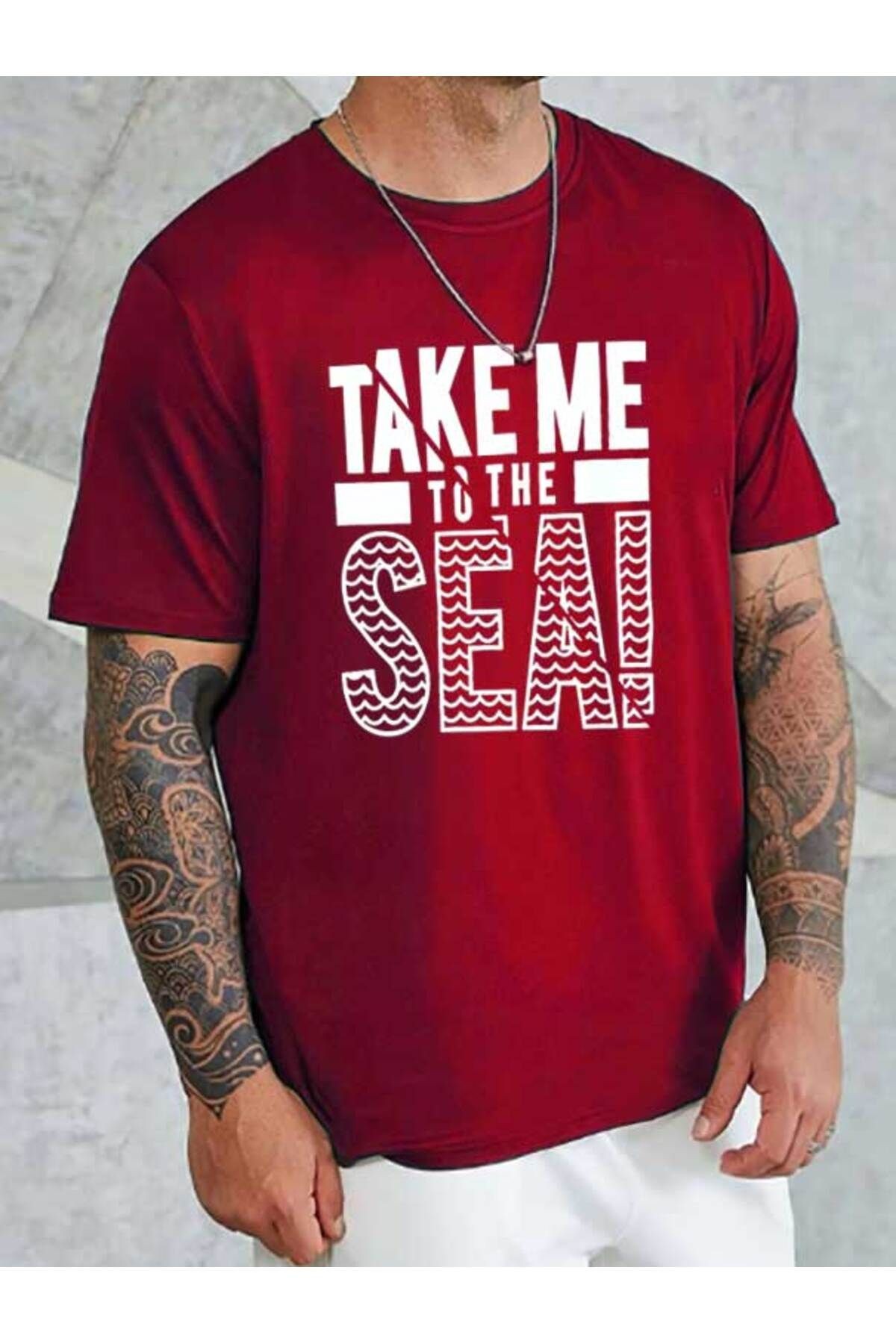 Unisex Take Me Baskılı Bisiklet Yaka Tshirt - Kırmızı