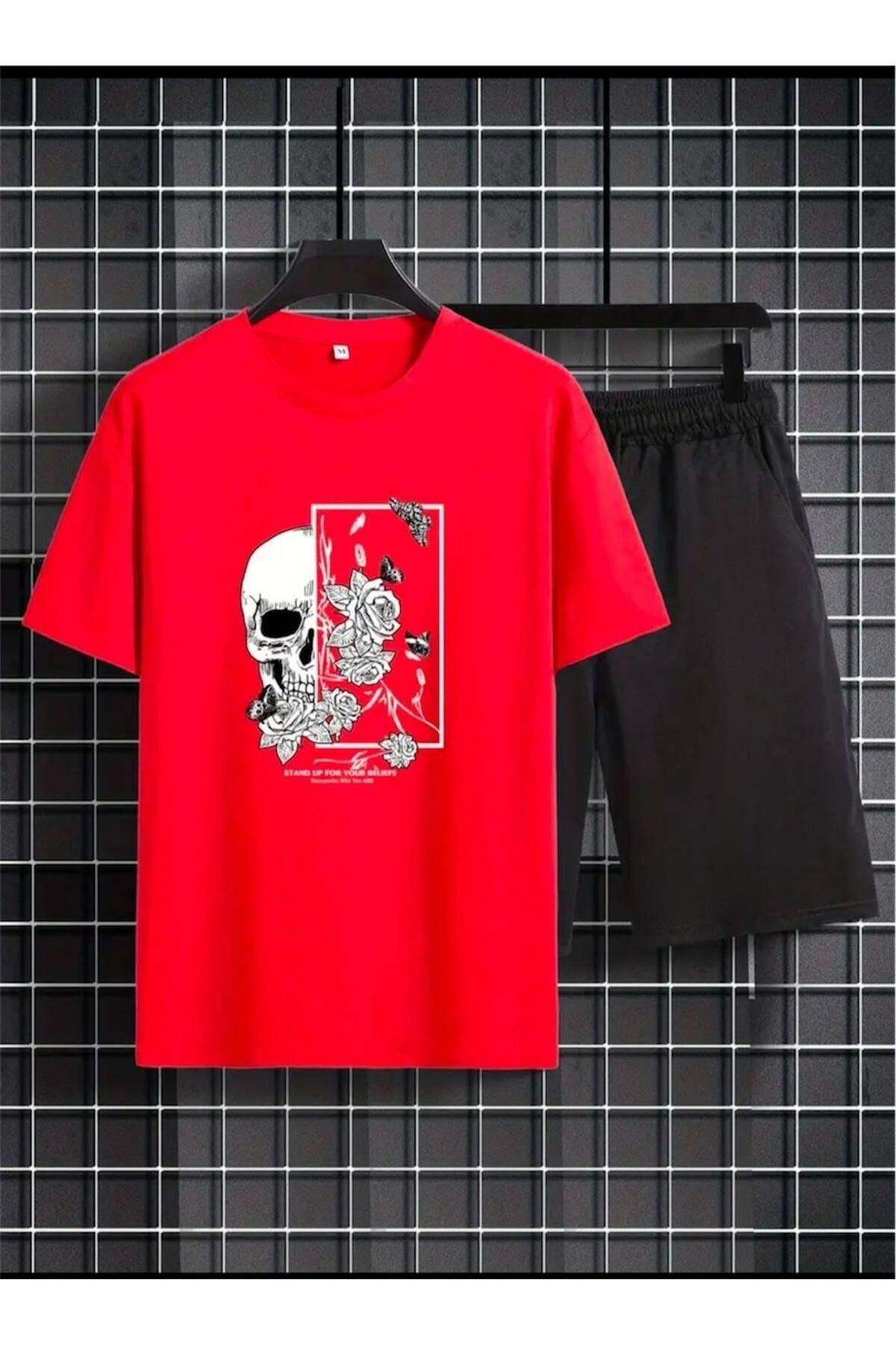 Kuru Kafa  Baskılı T-shirt Short Bol Paça Rahat Kalıp Siyah Alt Siyah Üst Short Takım