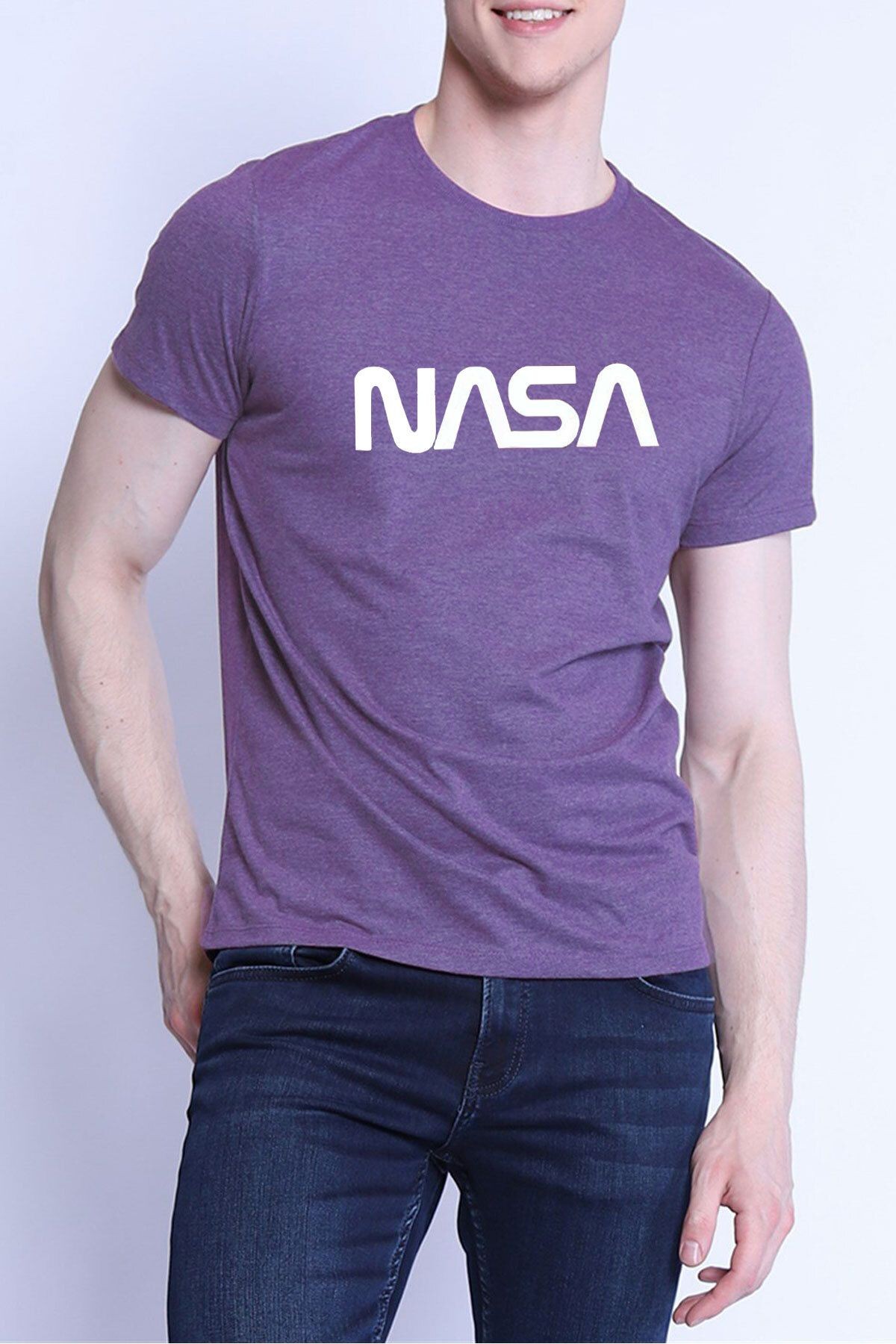 Unisex Nasa Baskılı Siyah Tshirt - Mor Melanj