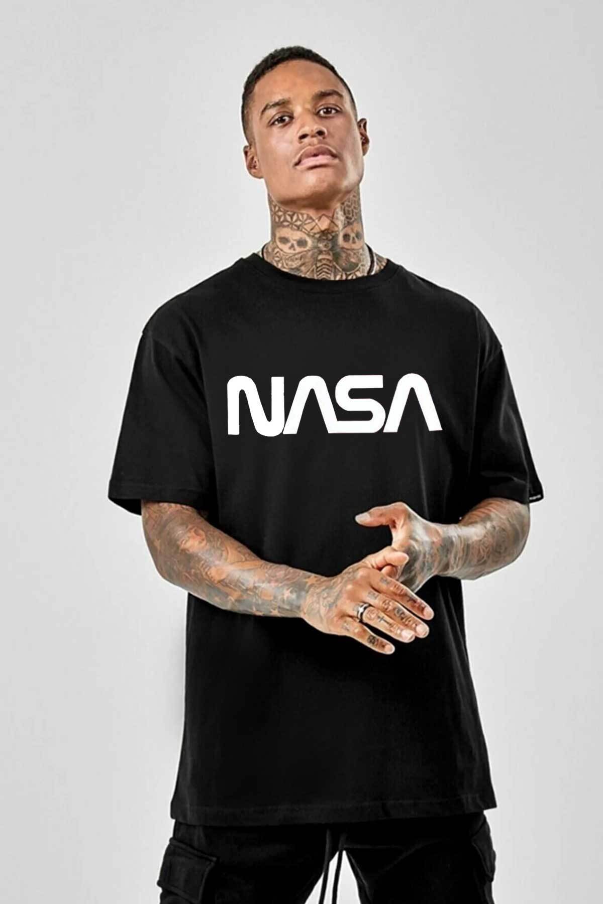 Unisex Nasa Baskılı Siyah Tişört