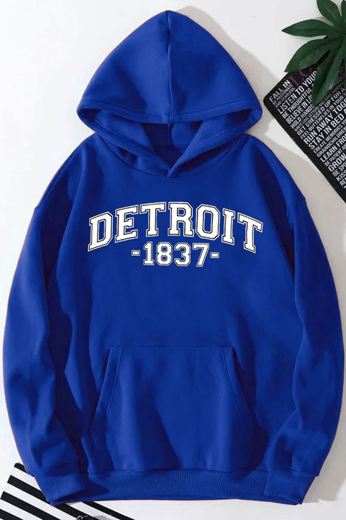 Detroit Baskılı Kapüşonlu Sweatshirt - Mavi