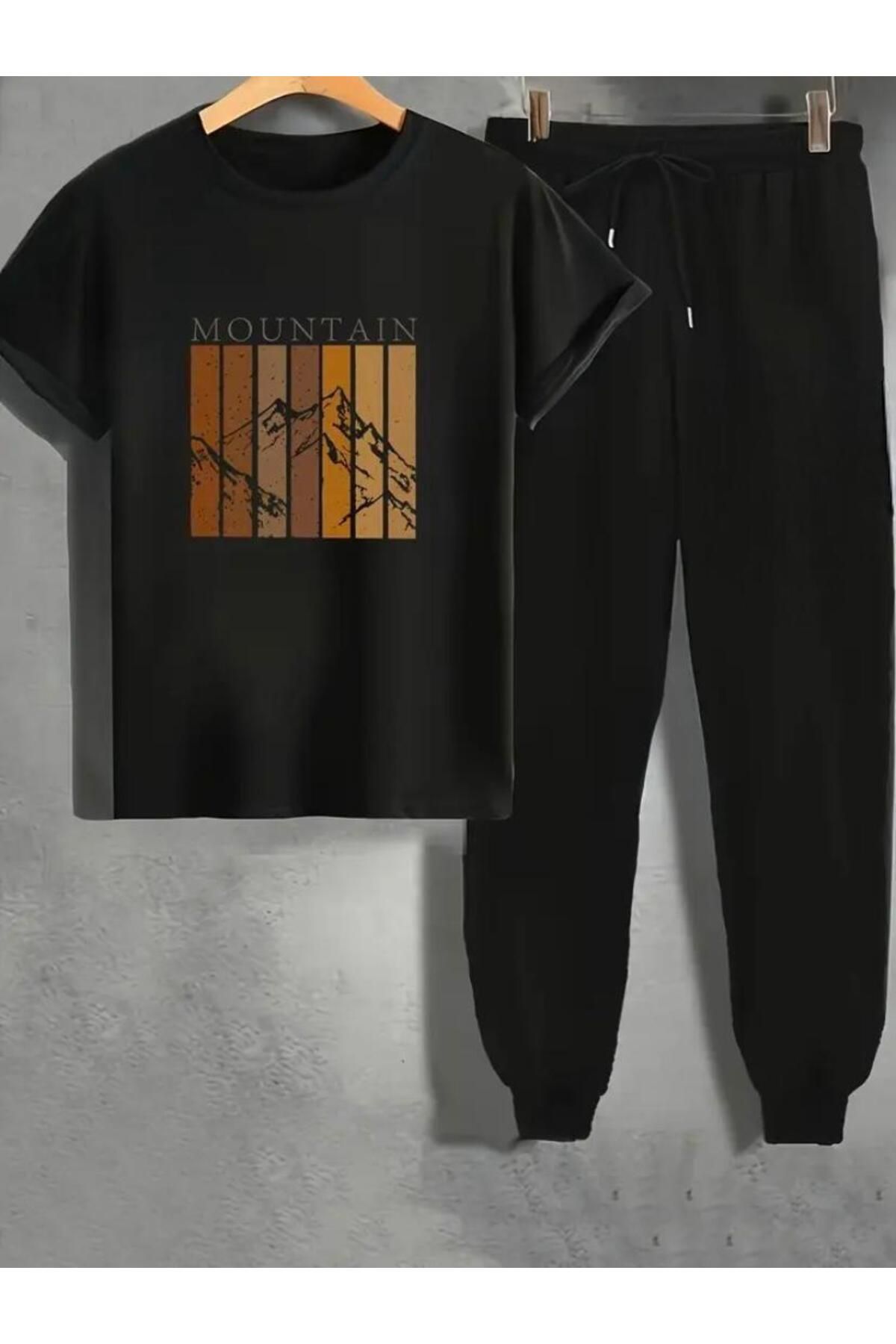 Mountain Baskılı T-shirt Eşofman Altı Jogger Rahat Kalıp  Eşofman Takım