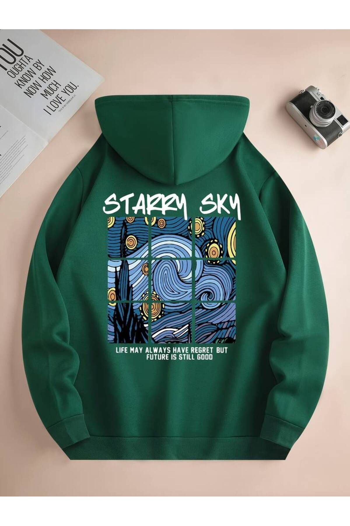 Starry Sky Baskılı Kapüşonlu Sweatshirt - Yeşil